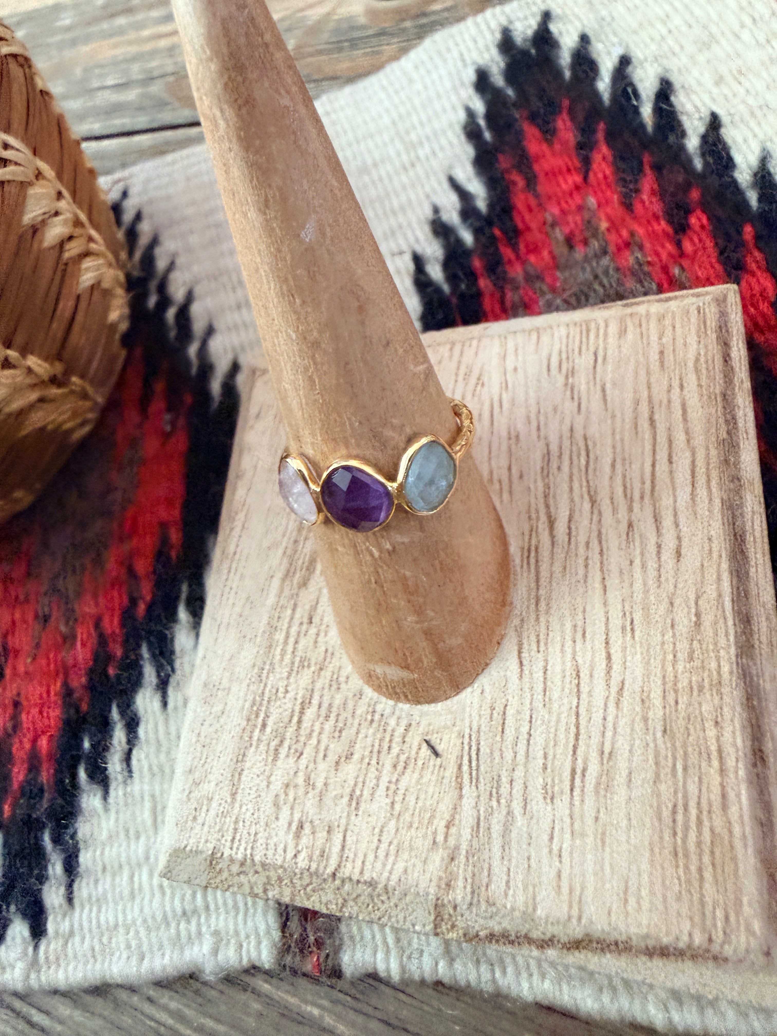 Handmade 18K Gold Vermeil Sterling Silver & Multi Stone Ring Size 7