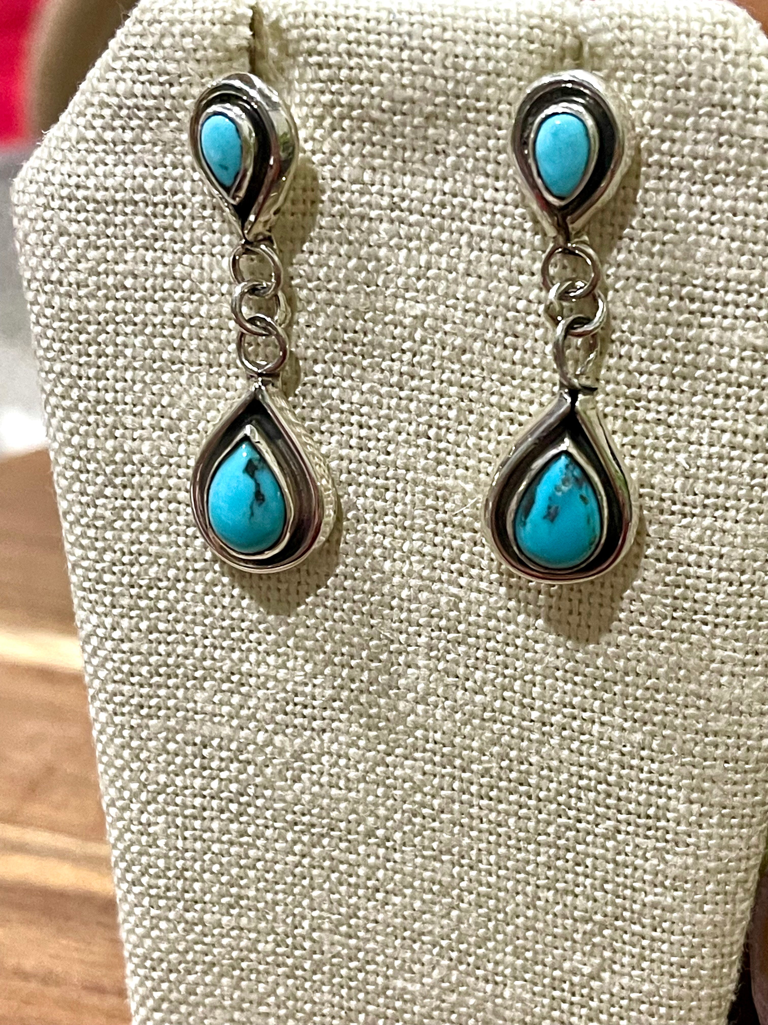 Navajo Turquoise And Sterling Silver Post Dangle Earrings