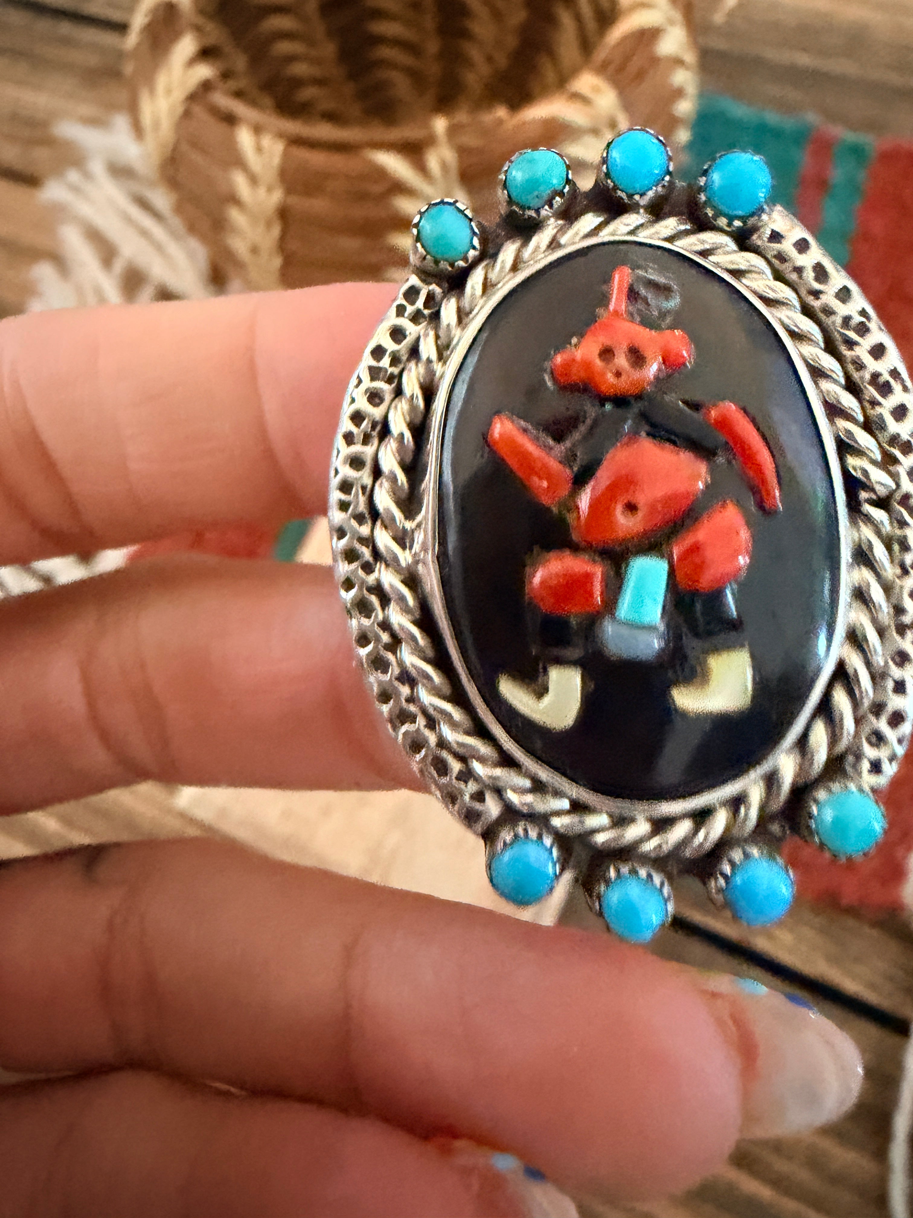 Old Pawn Handcrafted Multi Stone & Sterling Silver Inlay Kachina Ring Size 8.75