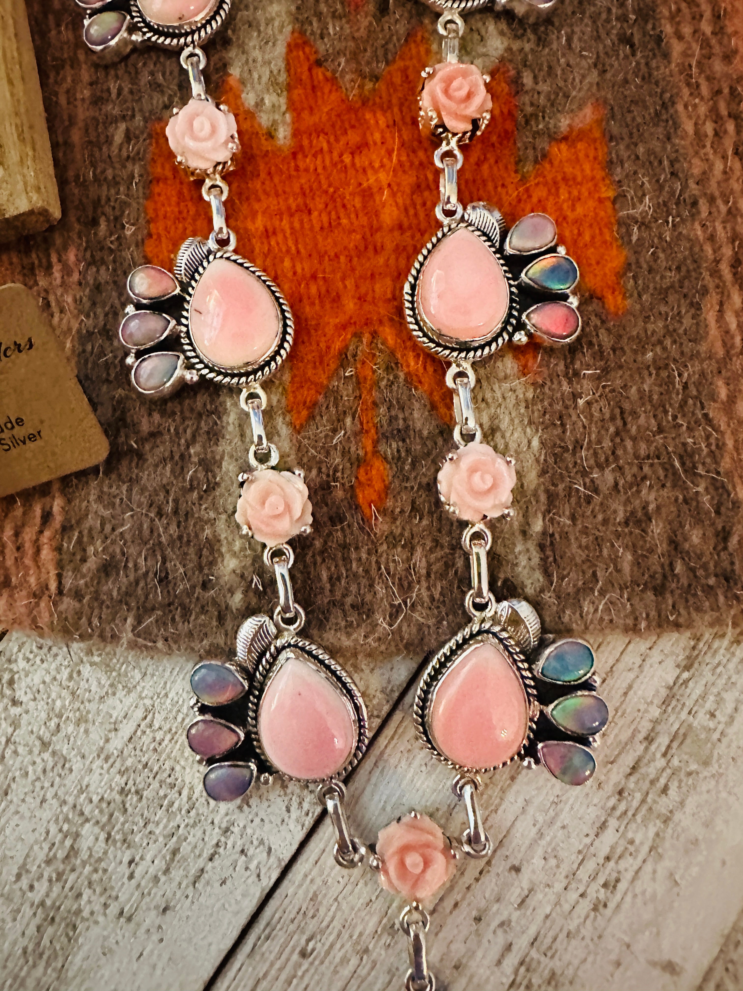 Handmade Sterling Silver, Pink Conch & Opal Necklace Set