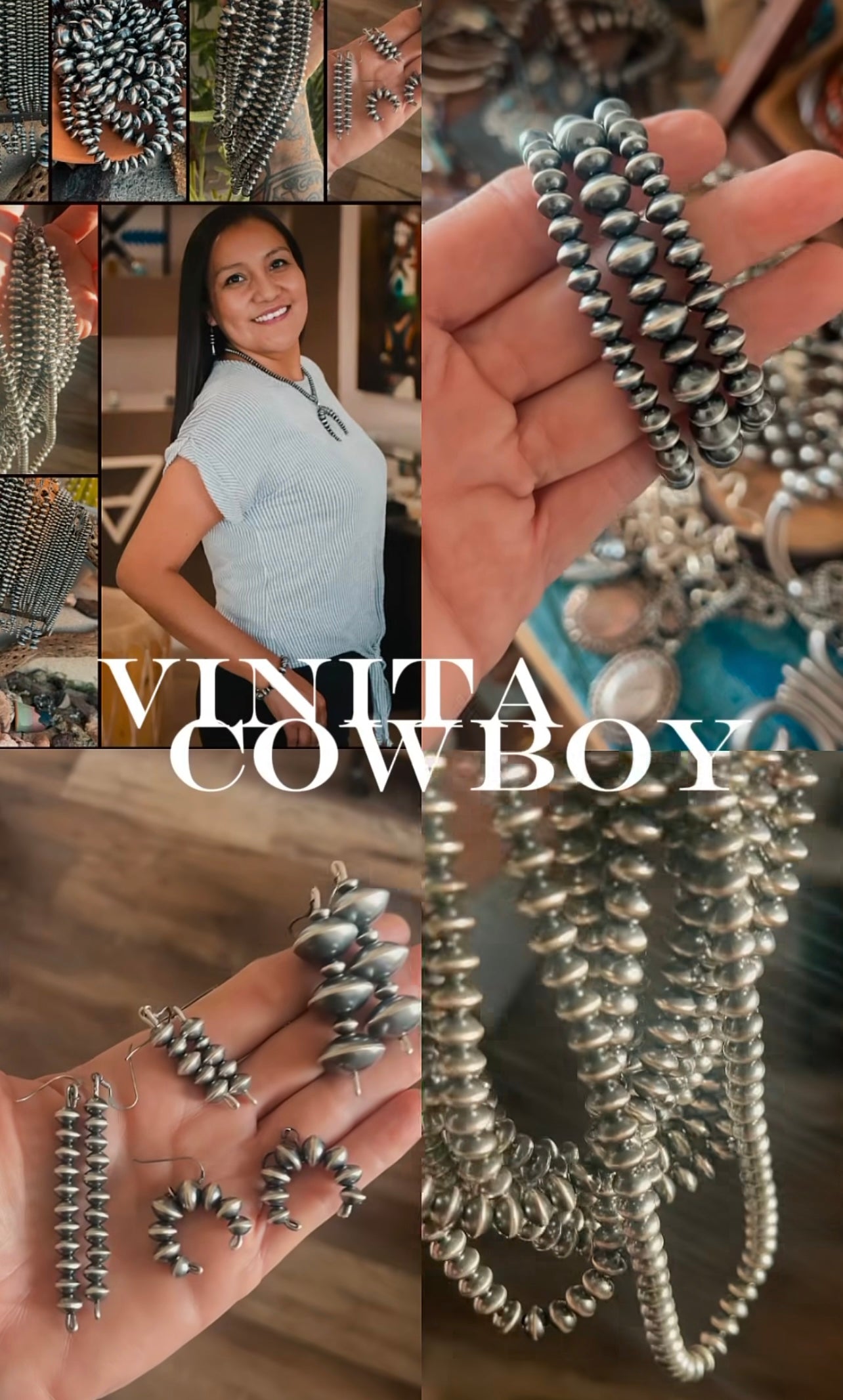 Vinita Cowboy Handmade 8mm Sterling Silver Navajo Saucer Pearl Beaded Necklaces