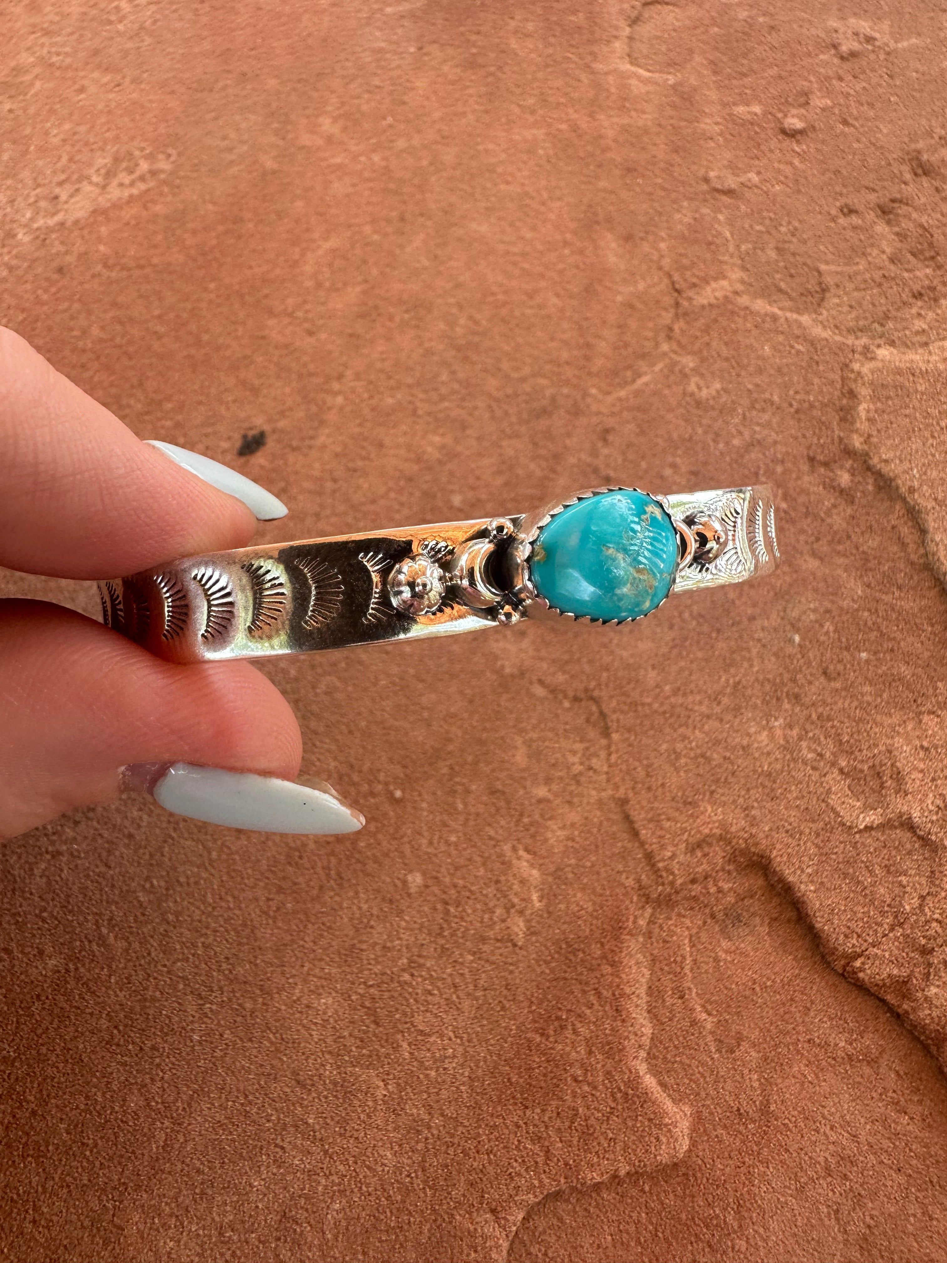 Handmade Sonoran South Hill Turquoise & Sterling Silver Single Stone Adjustable Cuff Bracelet