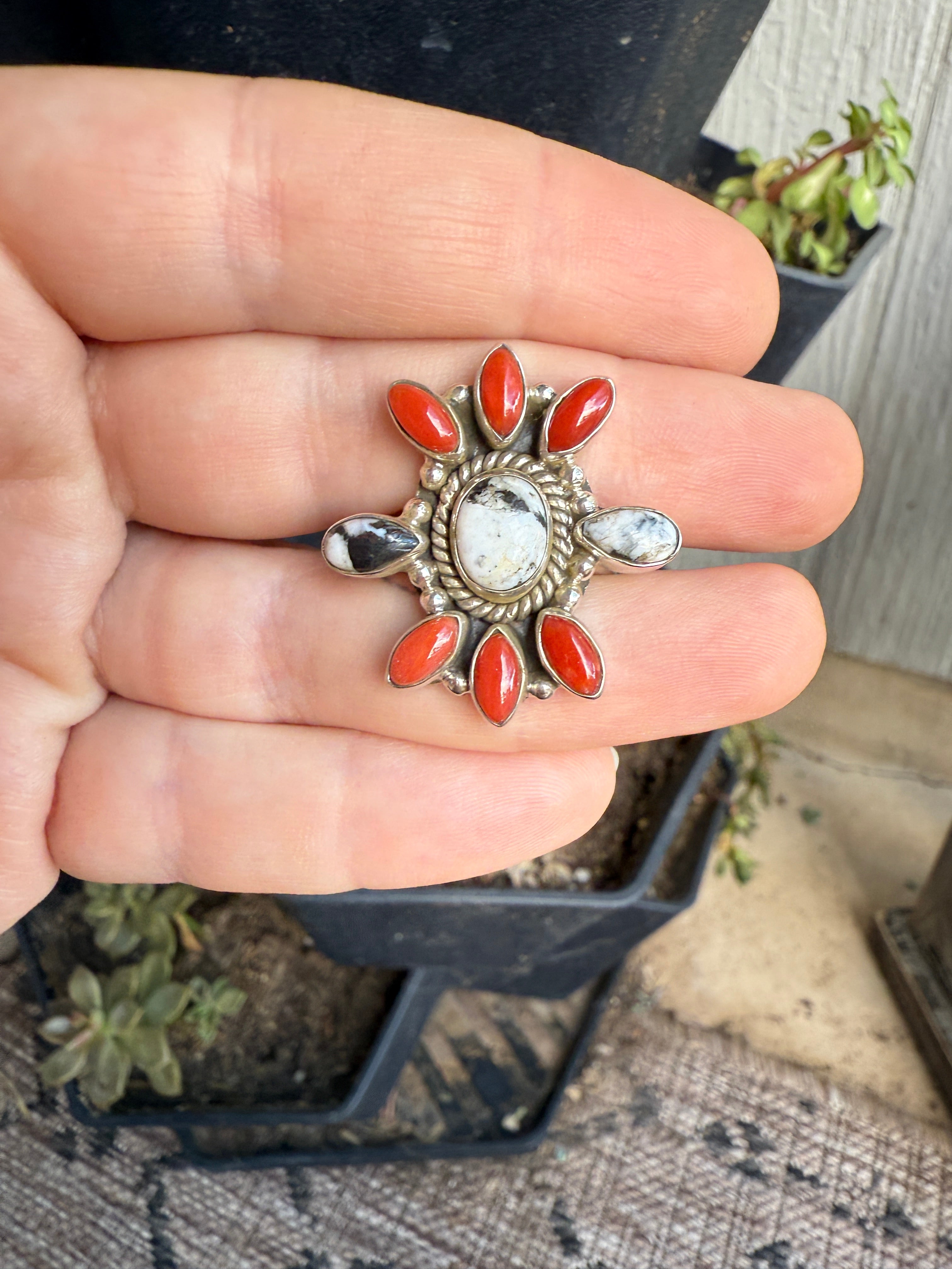 Handmade Coral, White Buffalo & Sterling Silver Adjustable Ring Signed Nizhoni