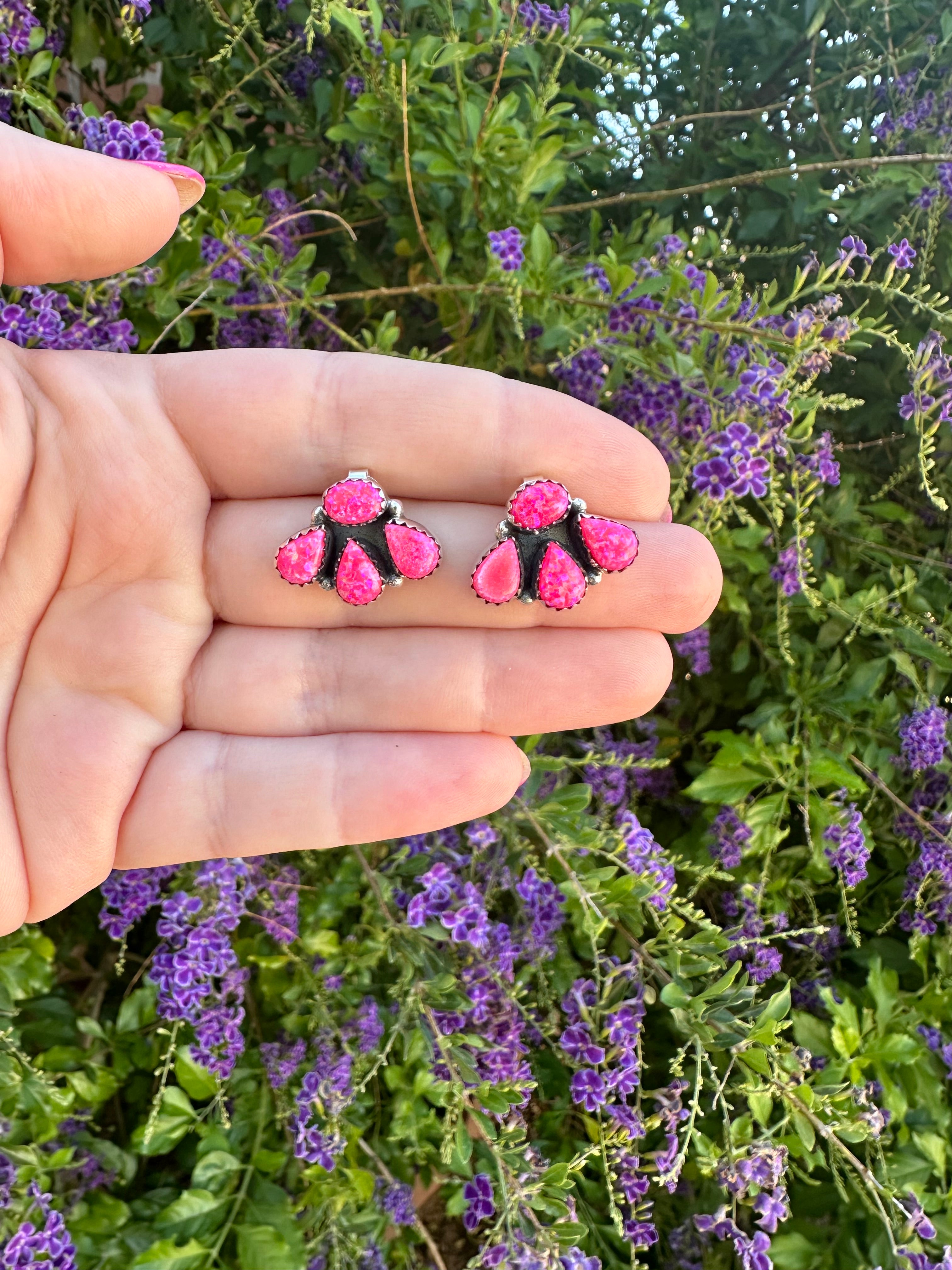 Nizhoni “The Backroads”  MINIS Hot Pink Fire Opal & Sterling Silver 4 Stone Earrings Handmade