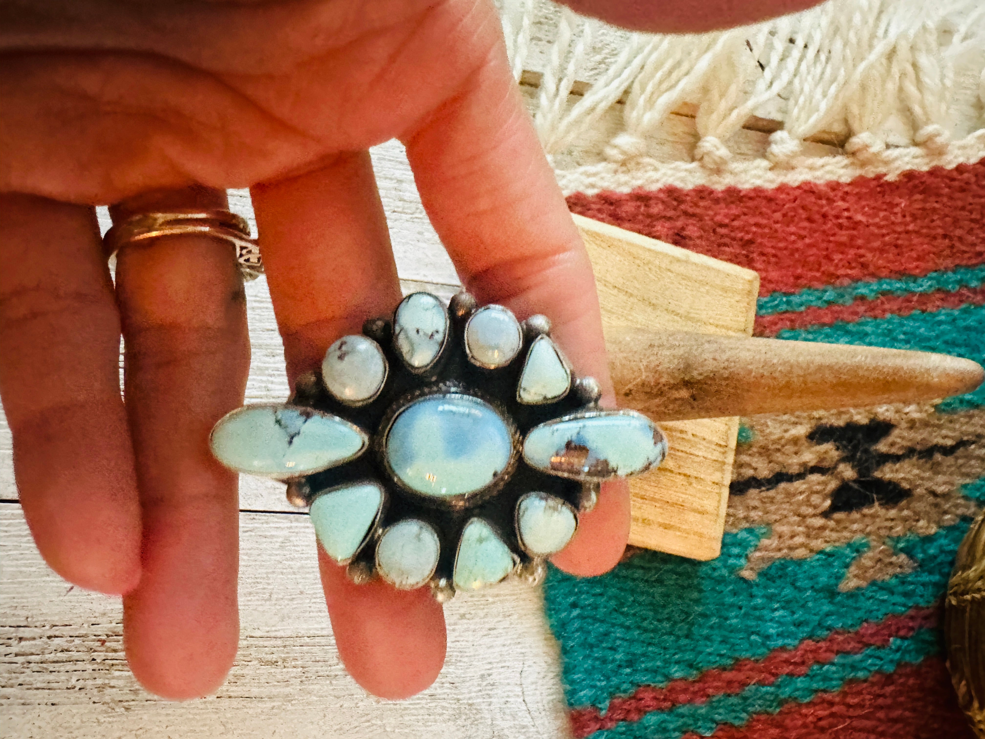 Navajo Golden Hills Turquoise & Sterling Silver Cluster Ring Size 7