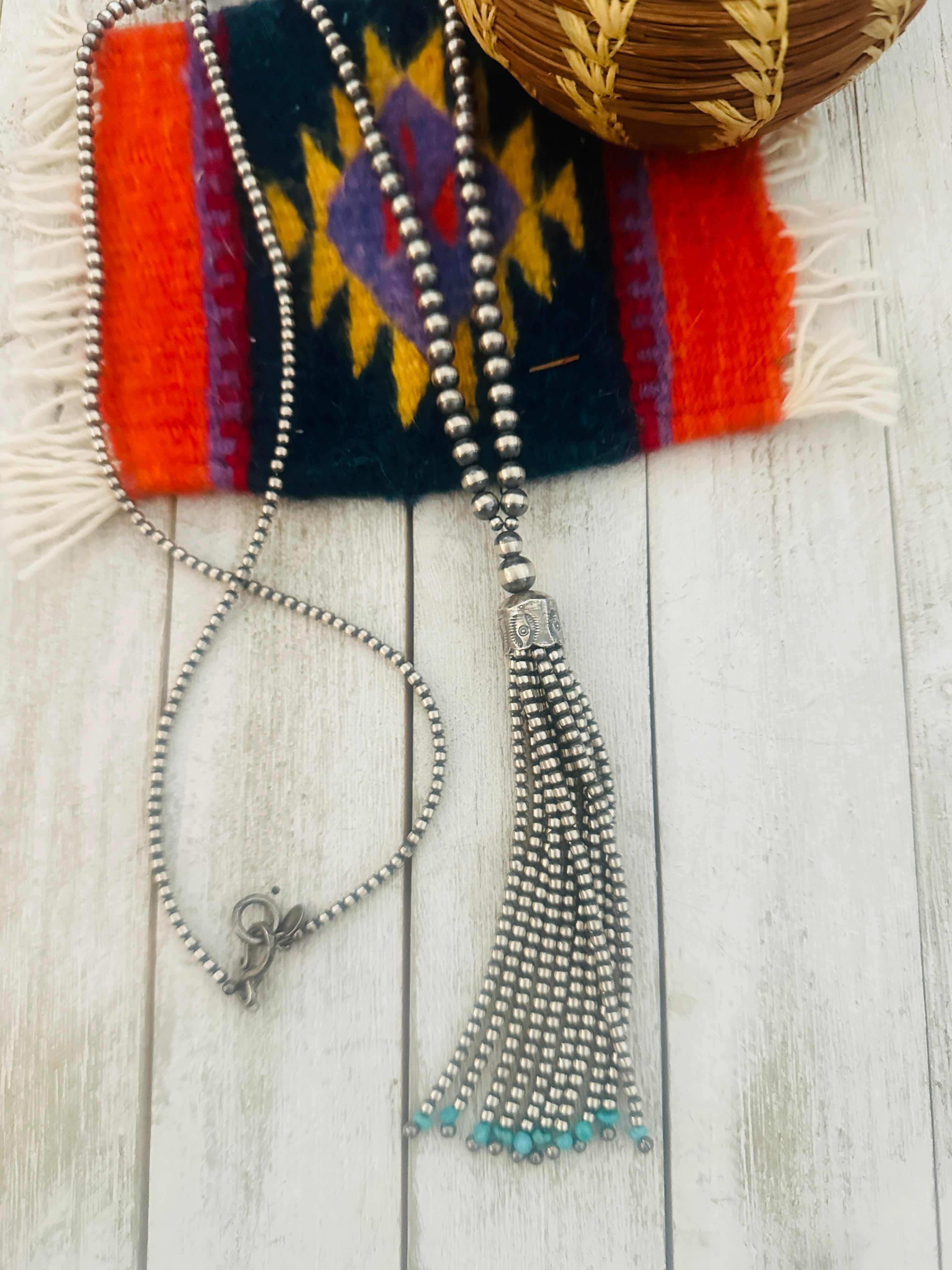 Navajo Turquoise & Sterling Silver Pearl Beaded Tassel Necklace