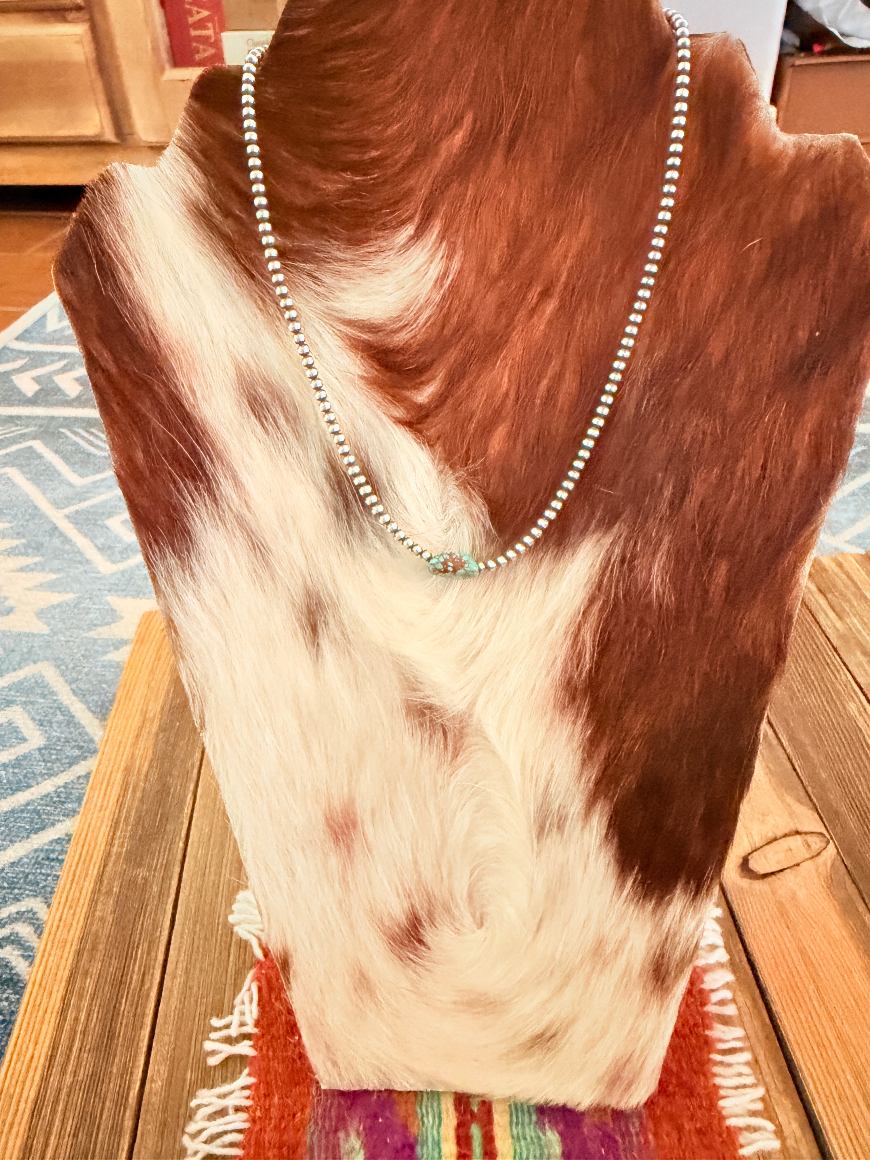 Handcrafted Turquoise & 3mm Sterling Silver Pearl Beaded Necklace