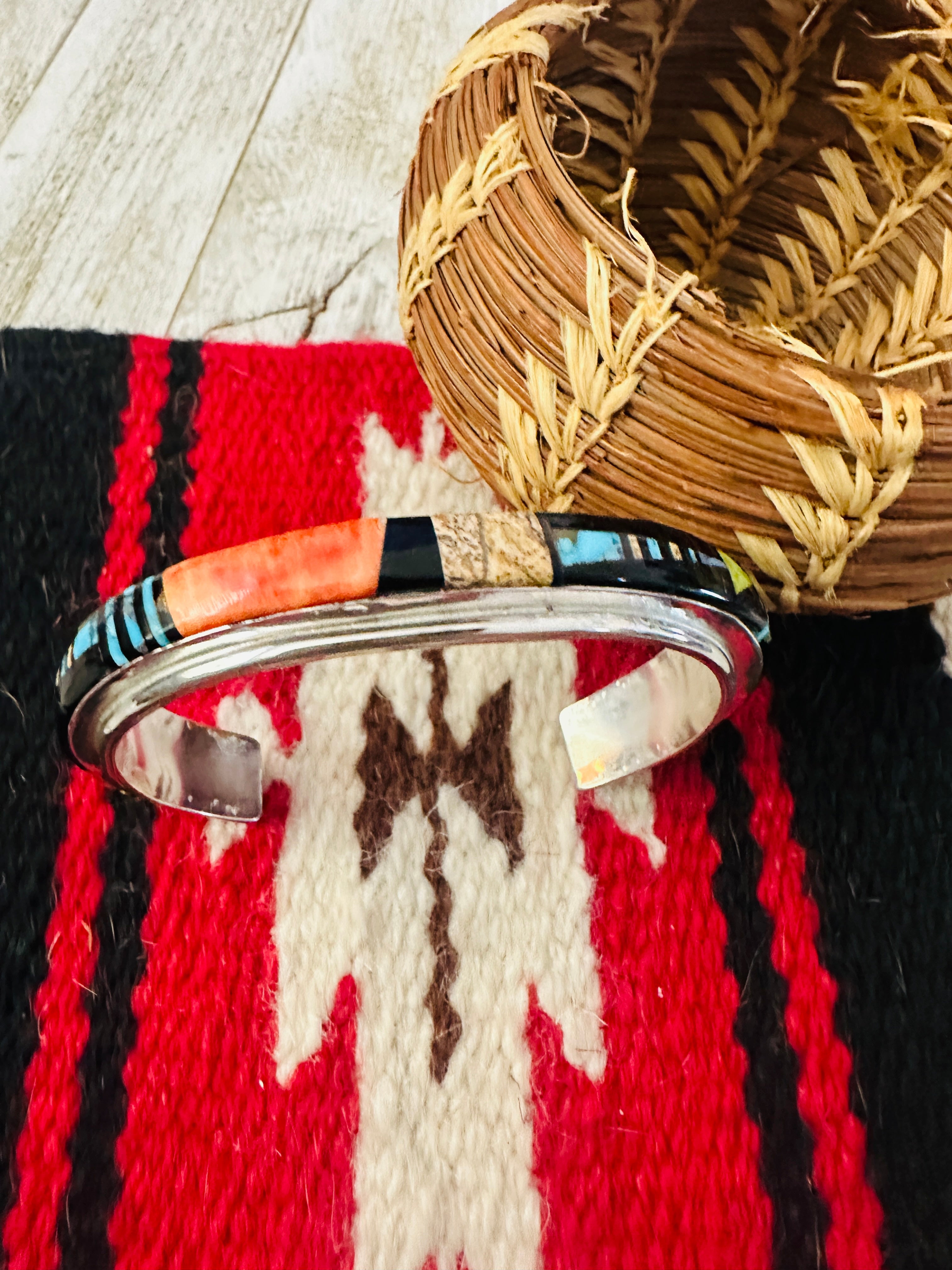 Handcrafted Multi Stone & Sterling Silver Inlay Cuff Bracelet by Ray Jack