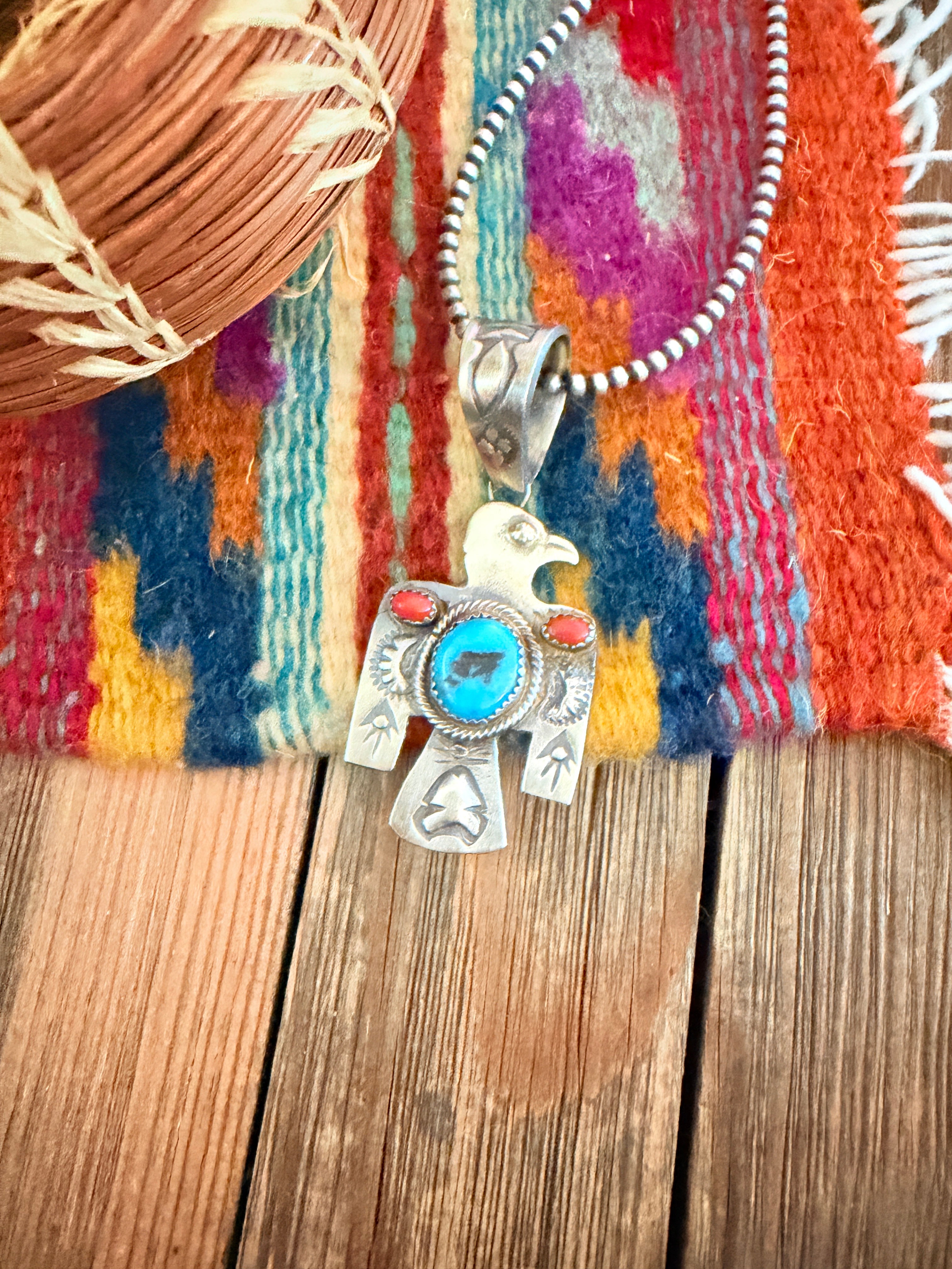 Handcrafted Turquoise, Coral & Sterling Silver Thunderbird Pendant by Richard Yazzie