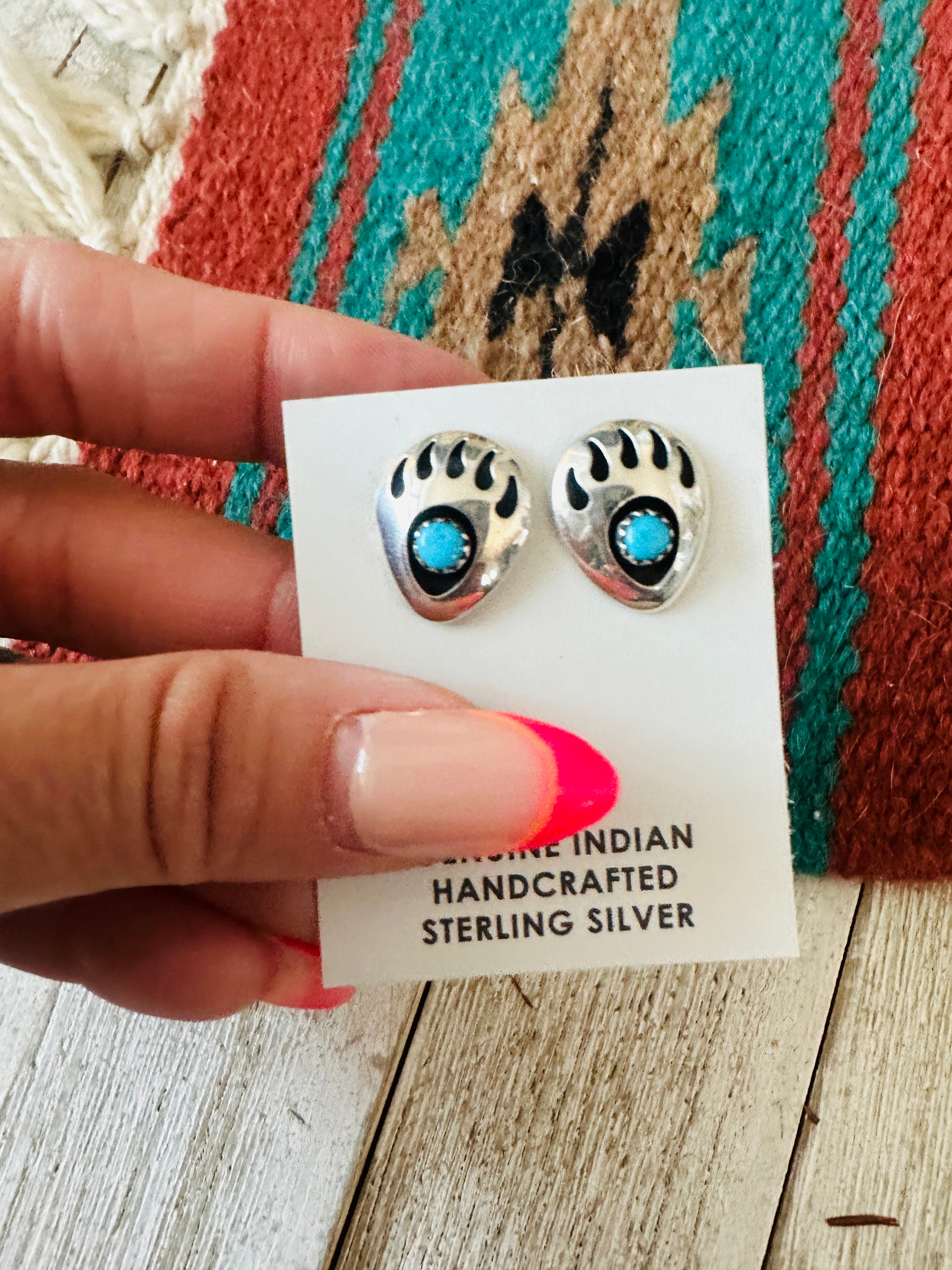 Handcrafted Turquoise & Sterling Silver Bear Paw Stud Earrings