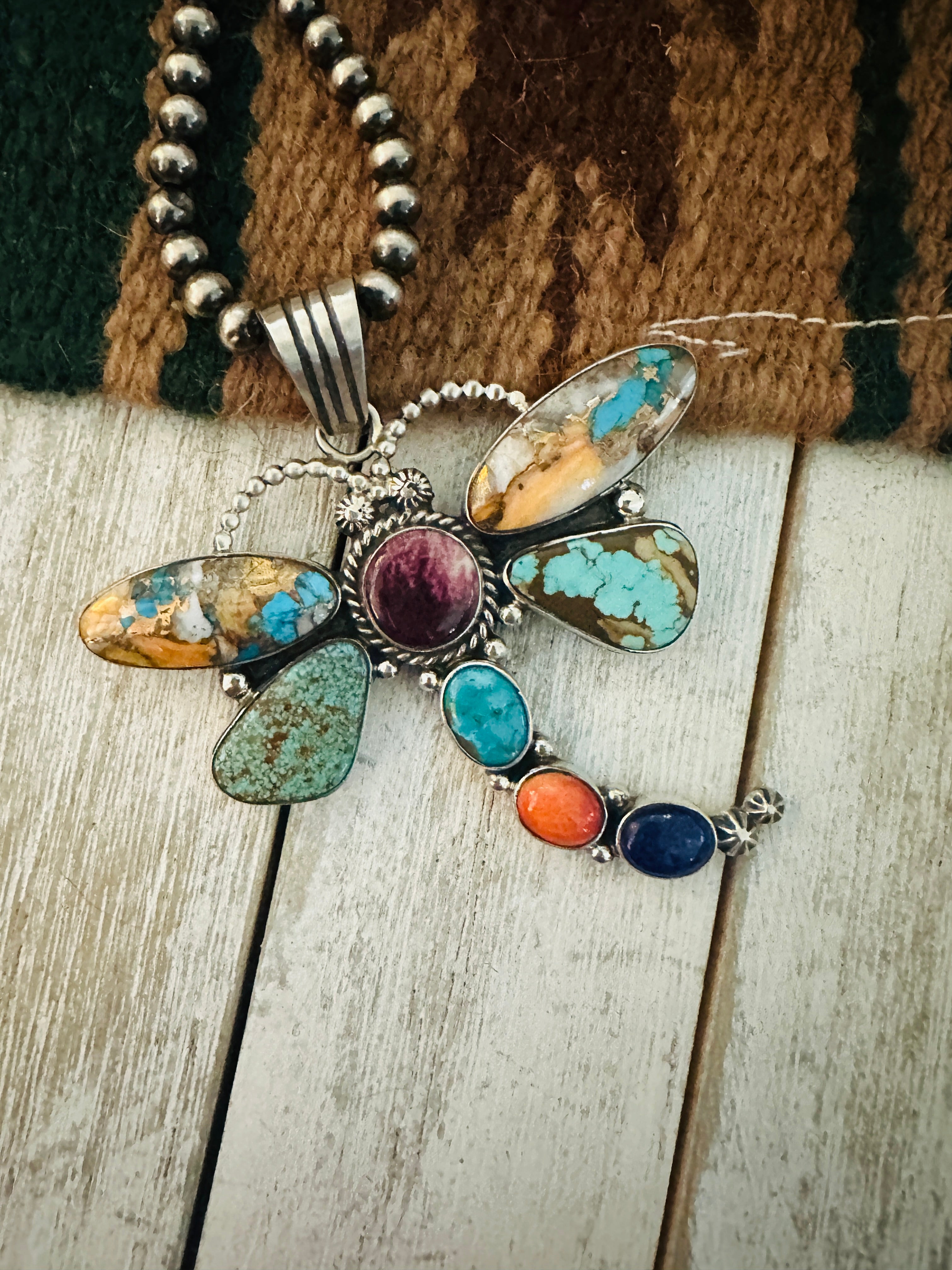 Navajo Multi Stone & Sterling Silver Dragonfly Pendant