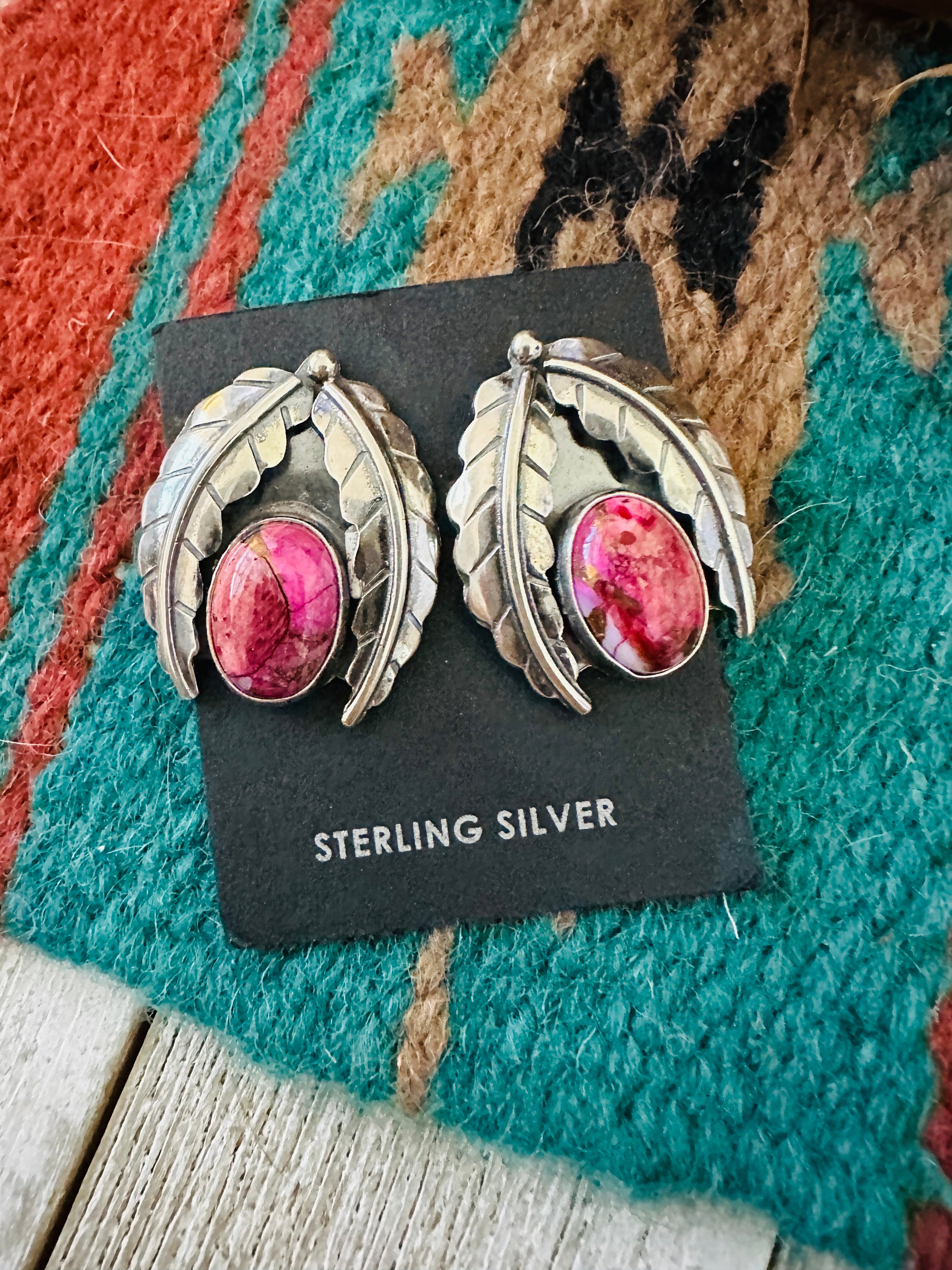 Navajo Pink Mojave & Sterling Silver Leaf Post Earrings