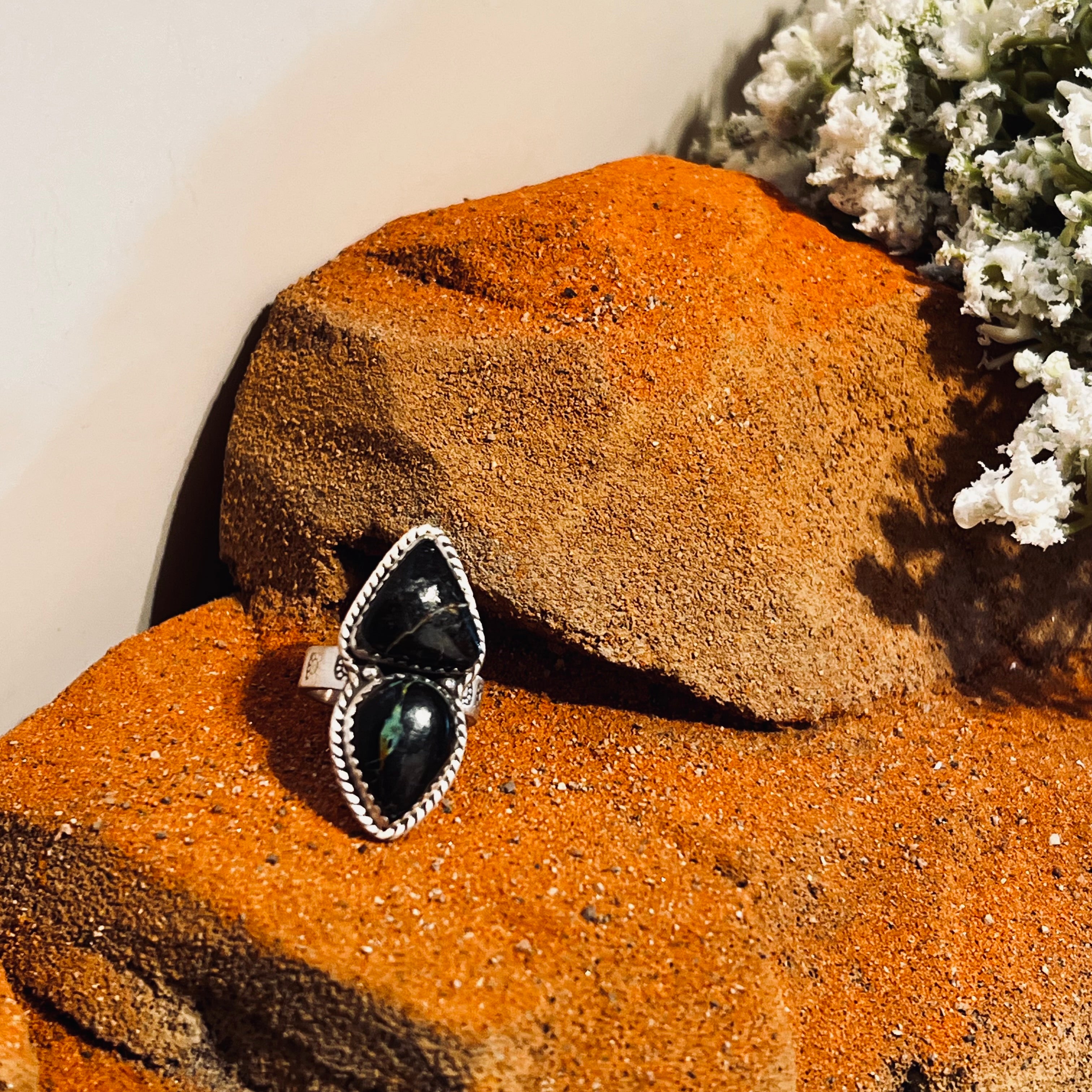 Handmade Sterling Silver & Black Jack Adjustable Ring