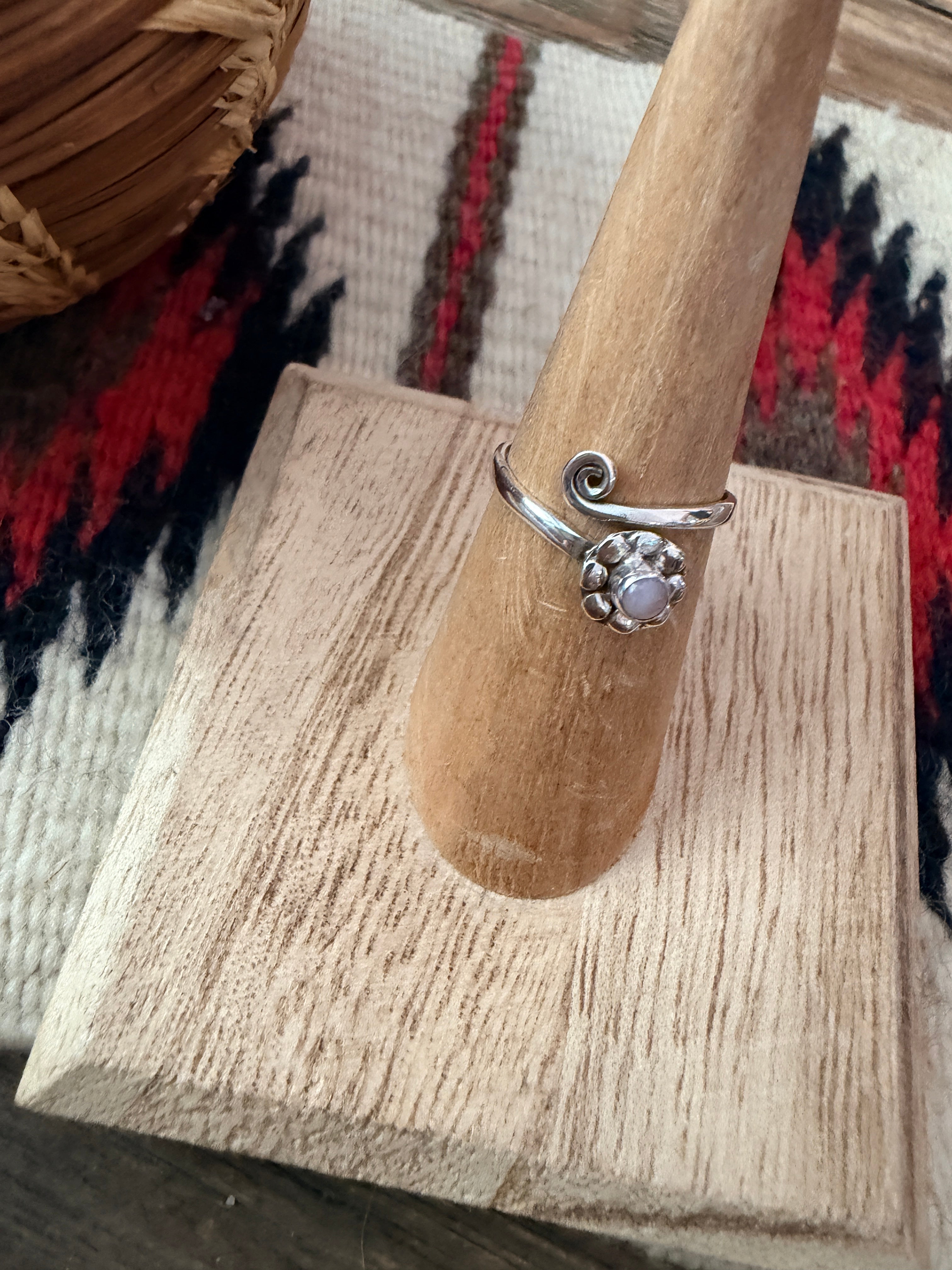 Handmade Sterling Silver & Pink Opal Flower Adjustable Ring