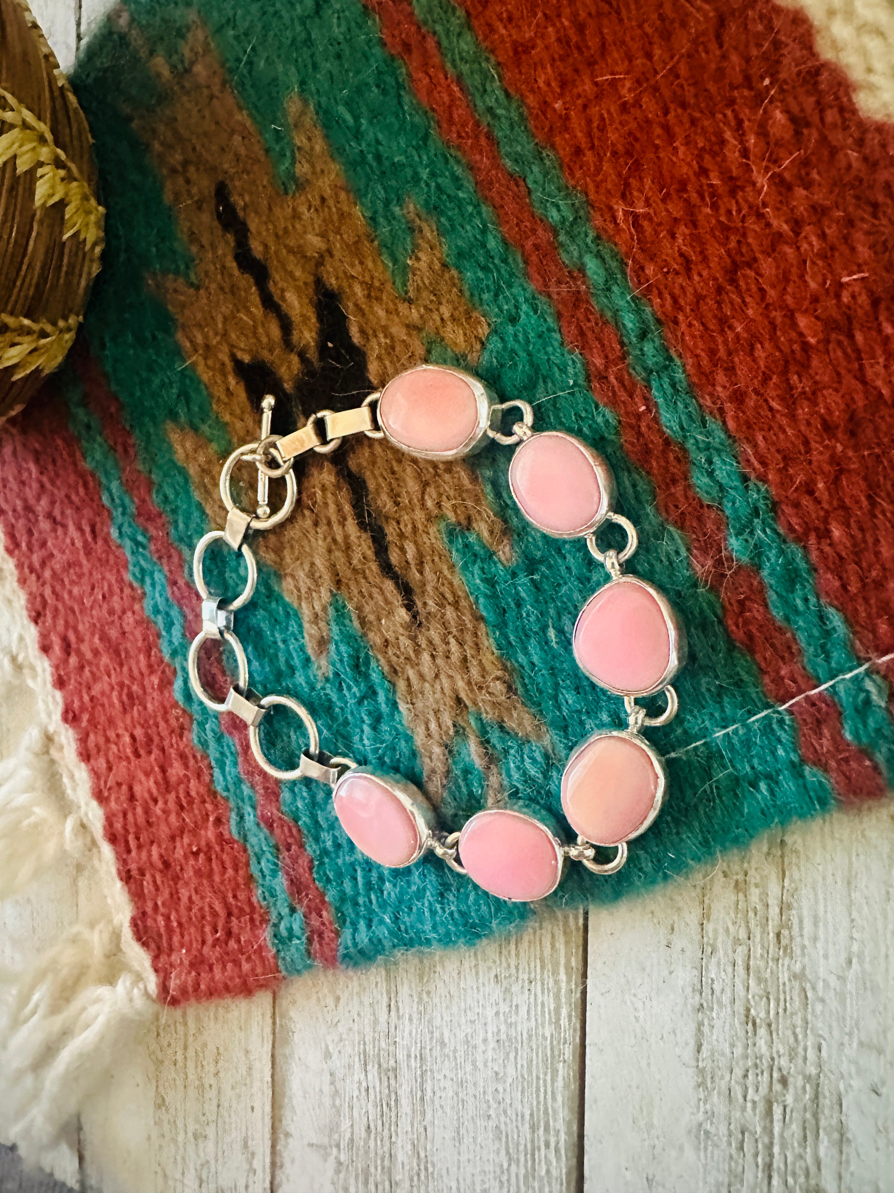 Navajo Queen Pink Conch & Sterling Silver Link Bracelet