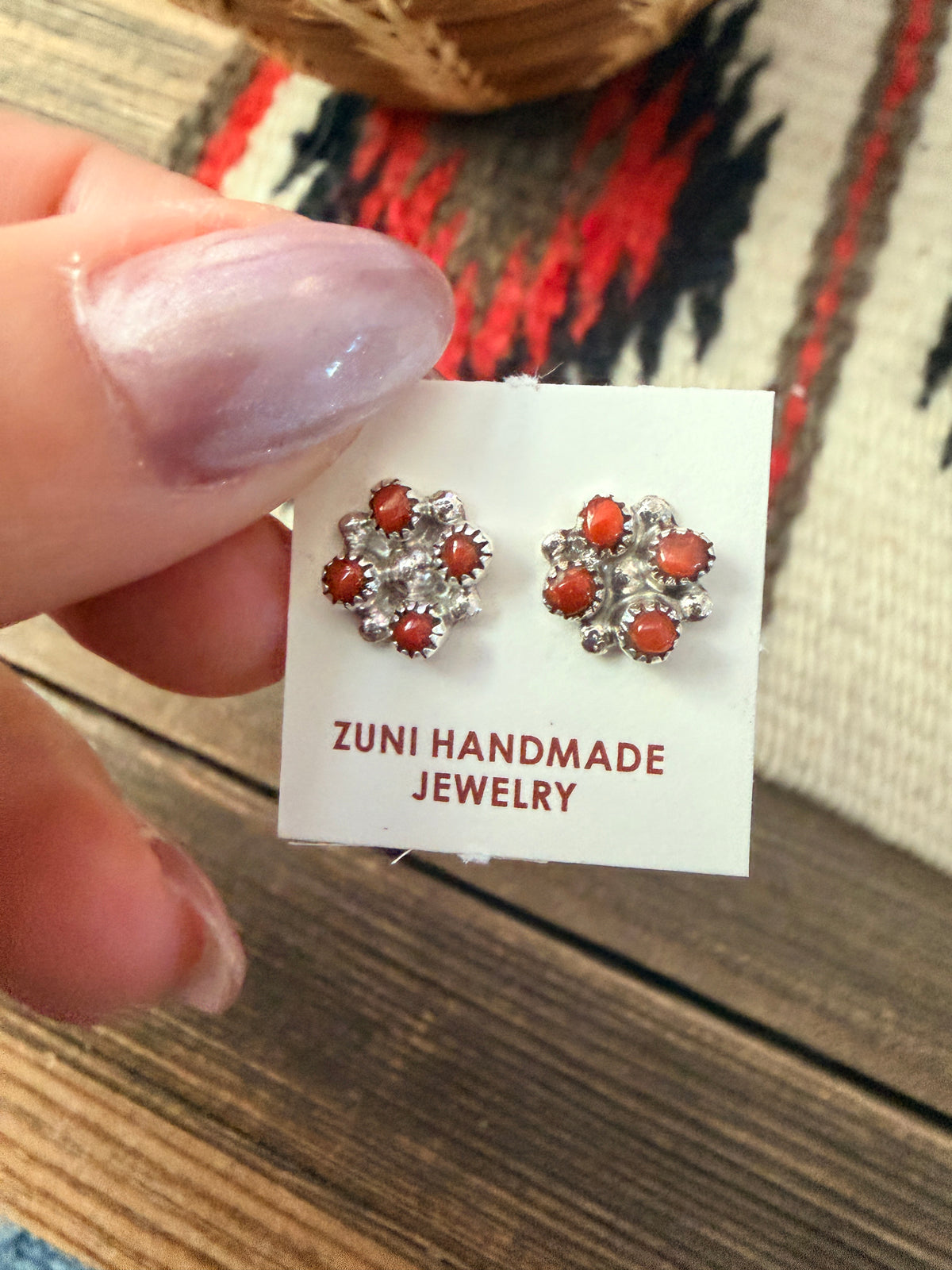 Handcrafted Sterling Silver & Coral Petit Point Stud Earrings