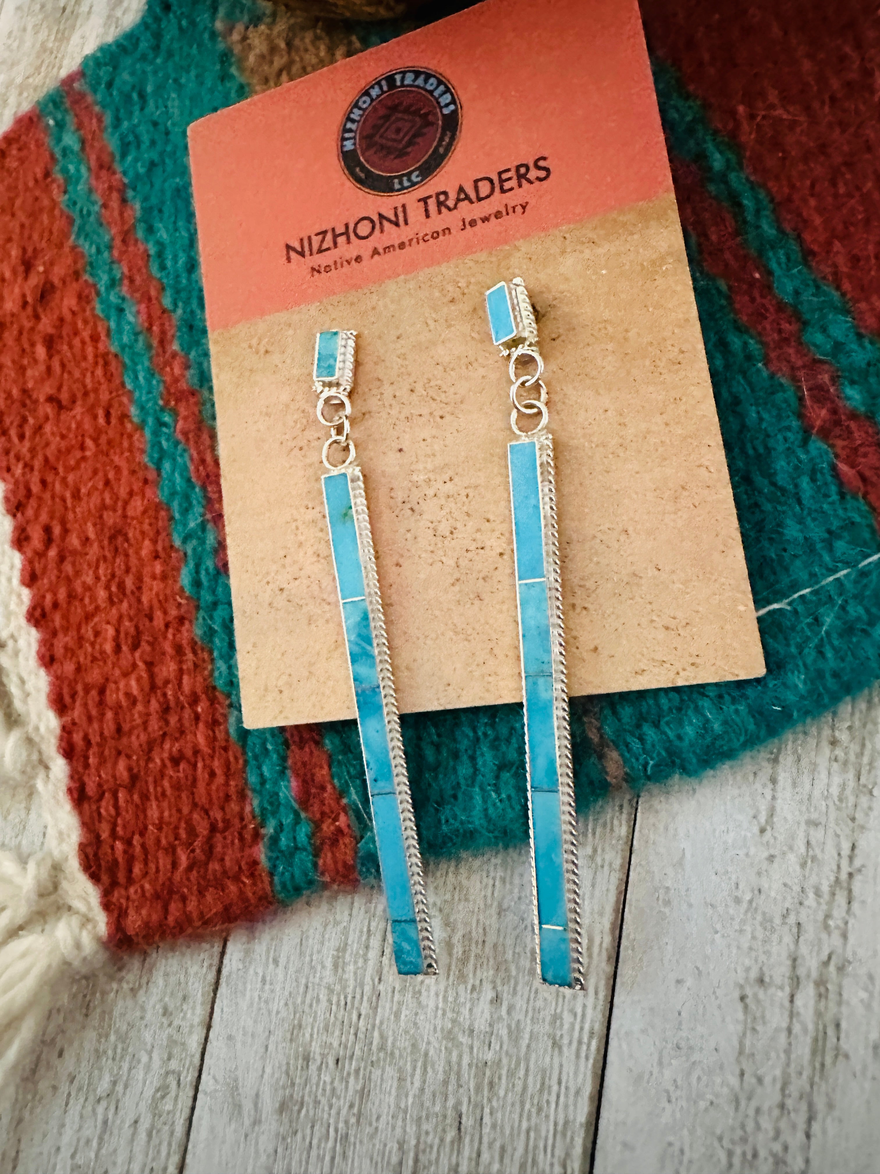 Navajo Turquoise & Sterling Silver Inlay Dangle Earrings