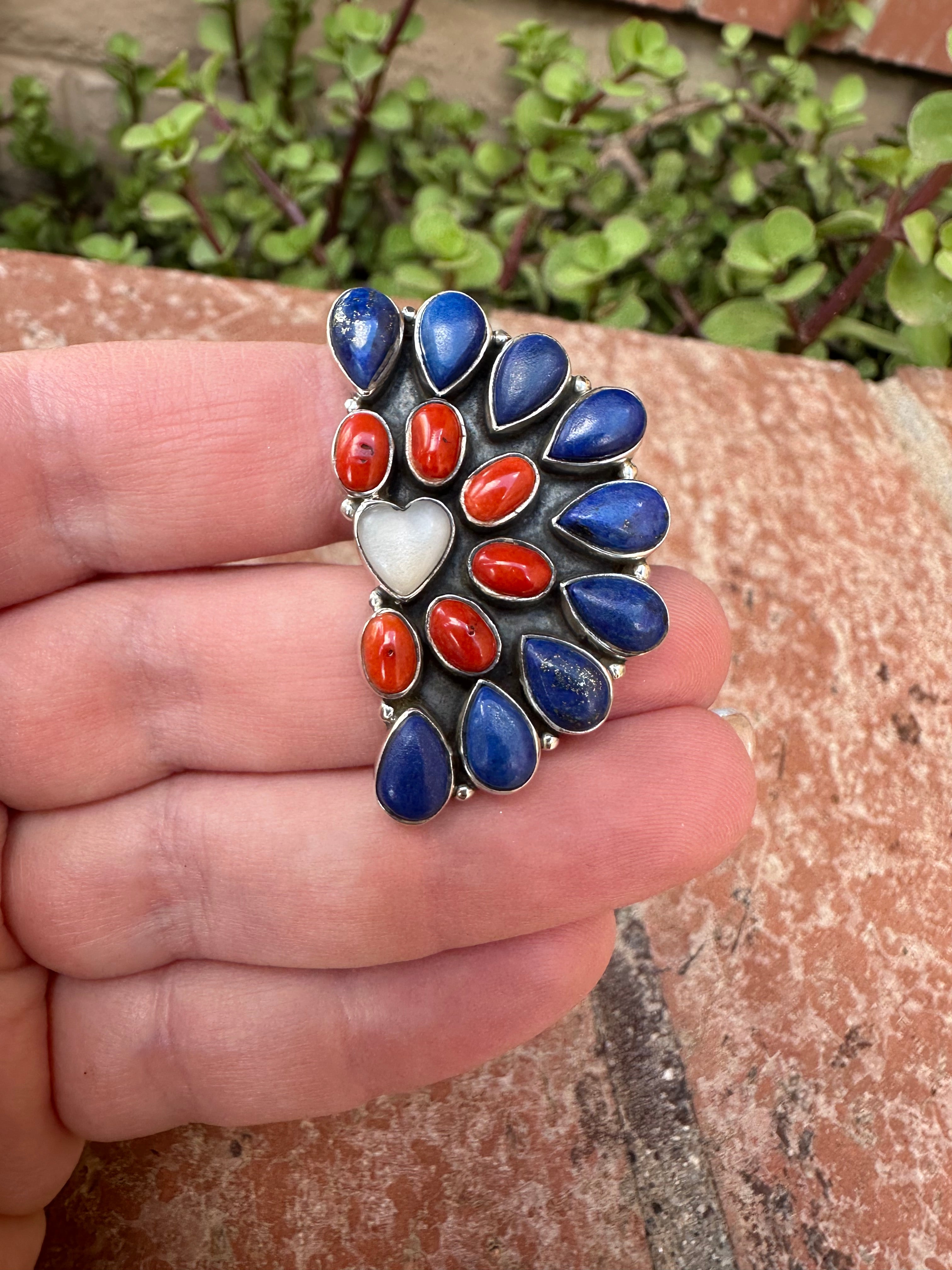 4TH OF JULY COLLECTION Handmade Coral, Lapis, Mother of Pearl Adjustable Crescent Ring