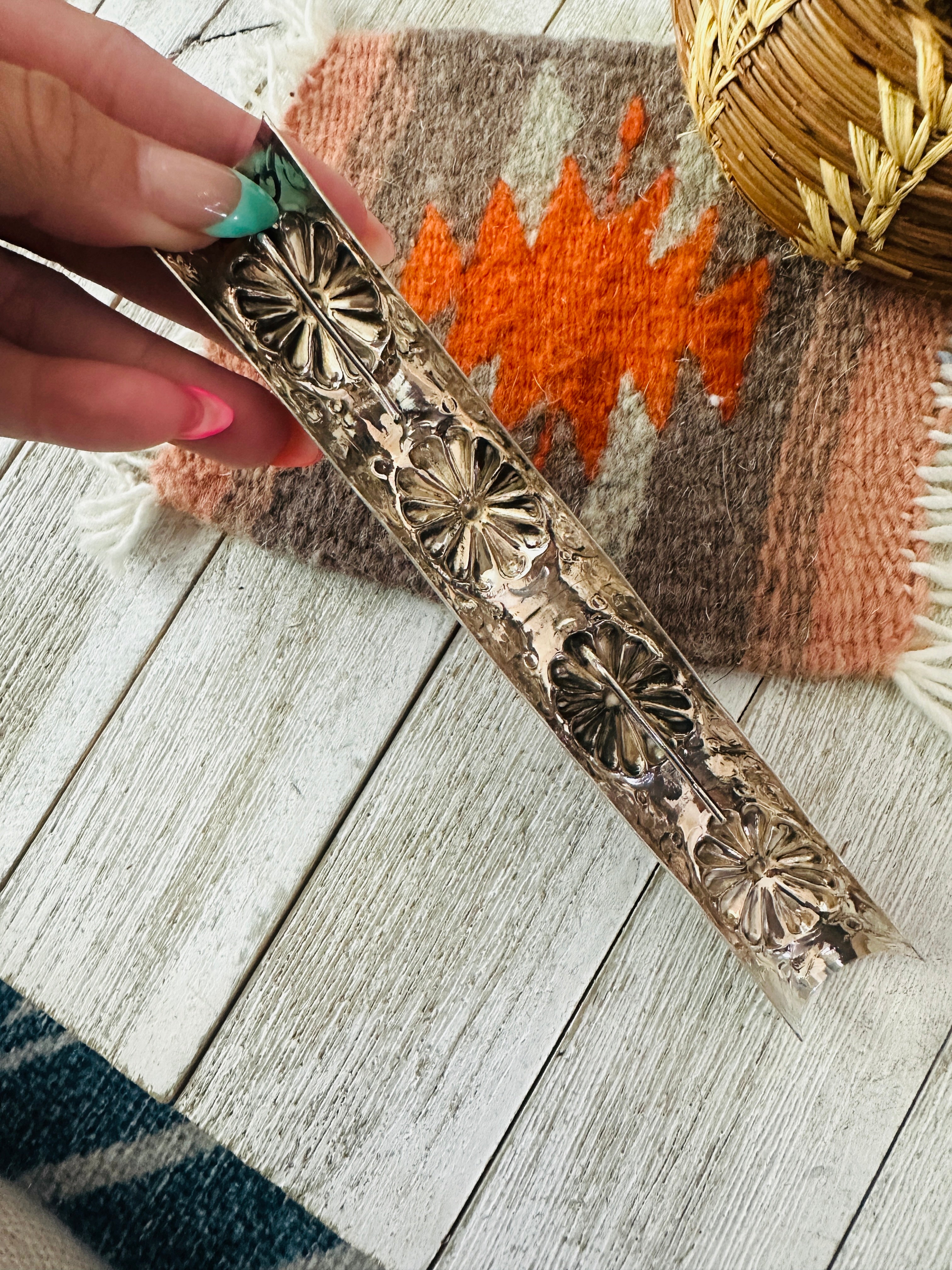 Handcrafted Turquoise & Sterling Silver Hand Stamped Ponytail Accessory