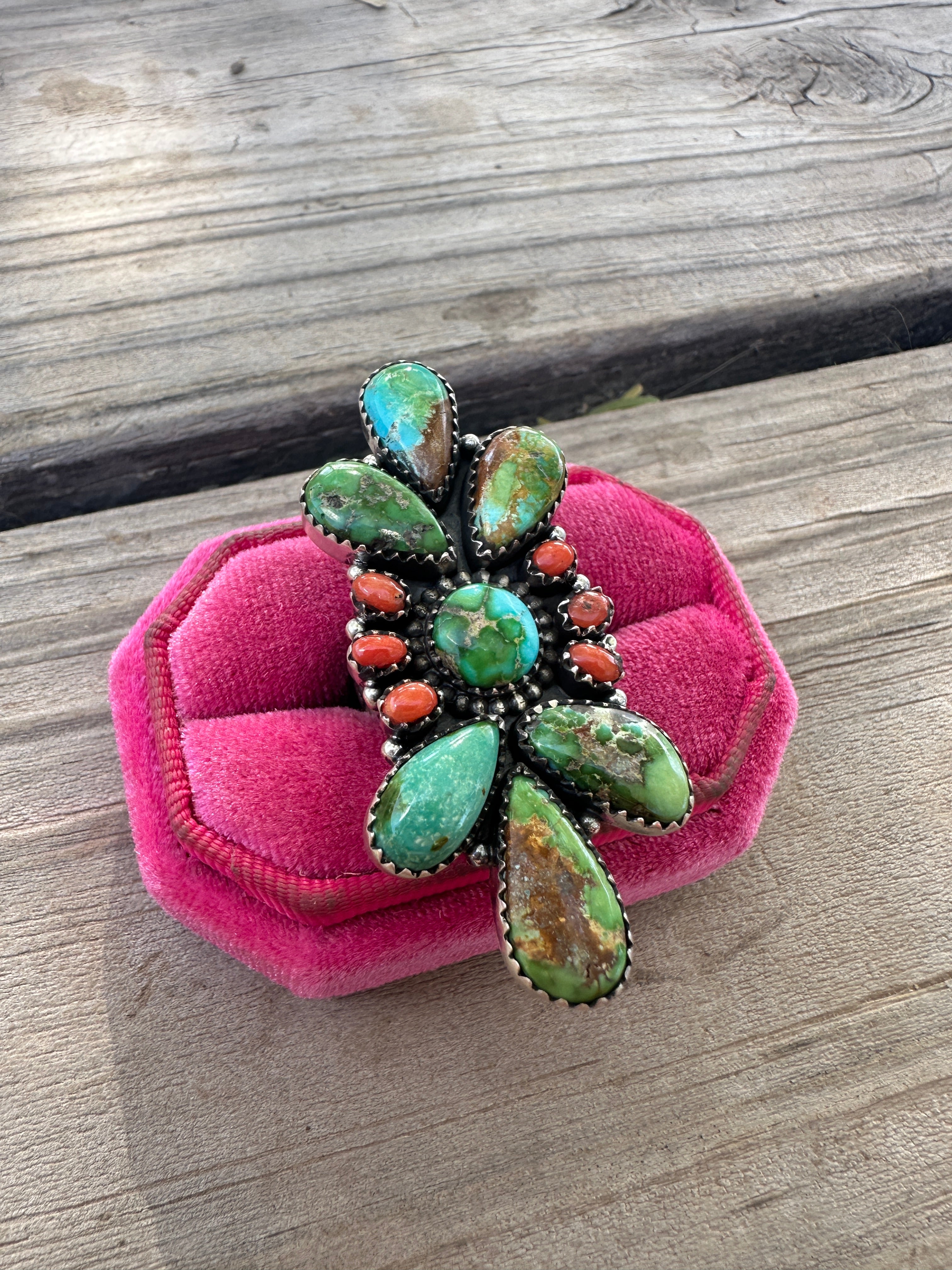 Beautiful Handmade Coral, Sonoran Turquoise And Sterling Silver Adjustable Ring 2