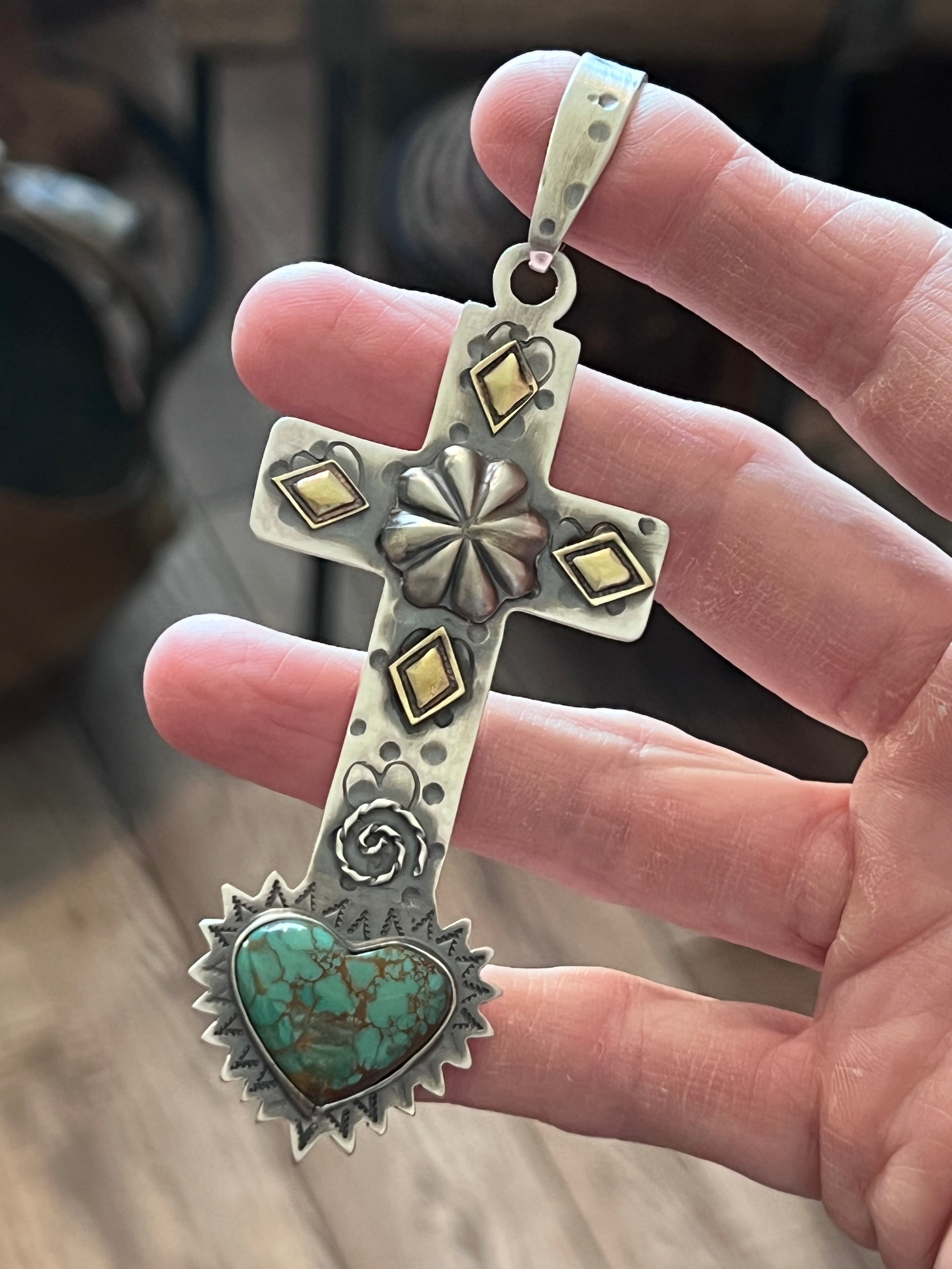 Hand Stamped Sterling Silver, Brass & Royston Turquoise Cross Pendant by Kimari Somers