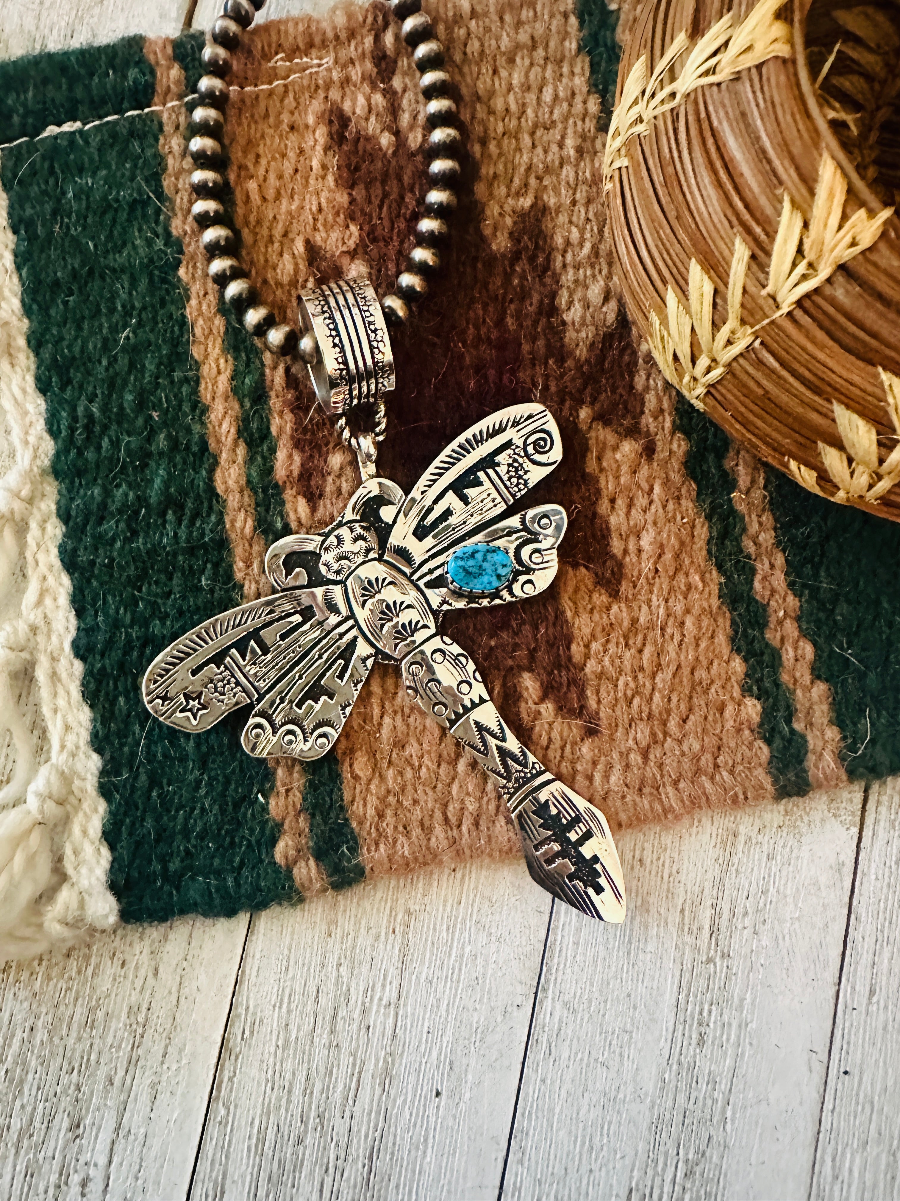 Navajo Turquoise & Sterling Silver Dragonfly Pendant Signed Richard Singer