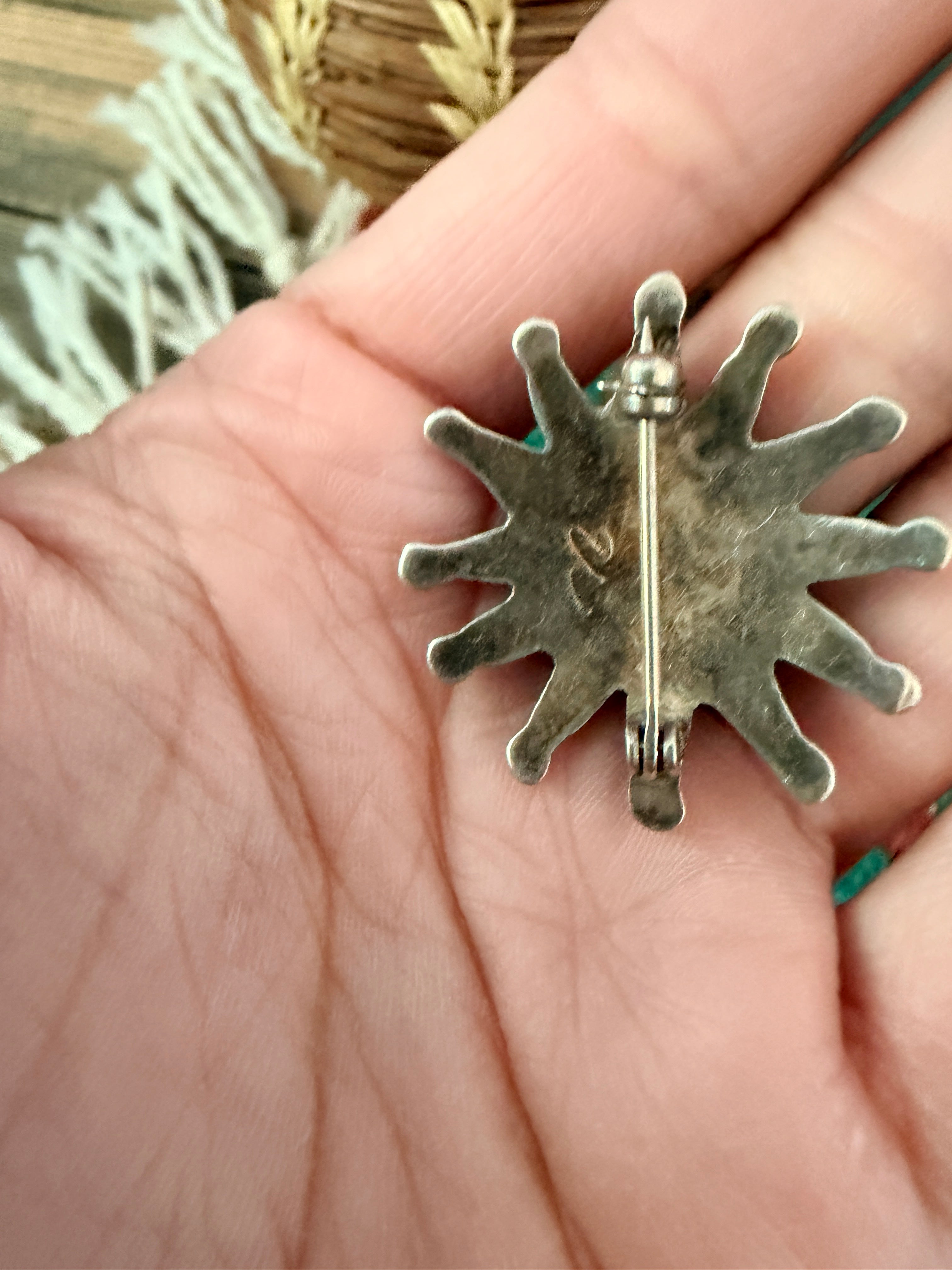 Old Pawn Handcrafted Turquoise and Sterling Silver Cluster Brooch