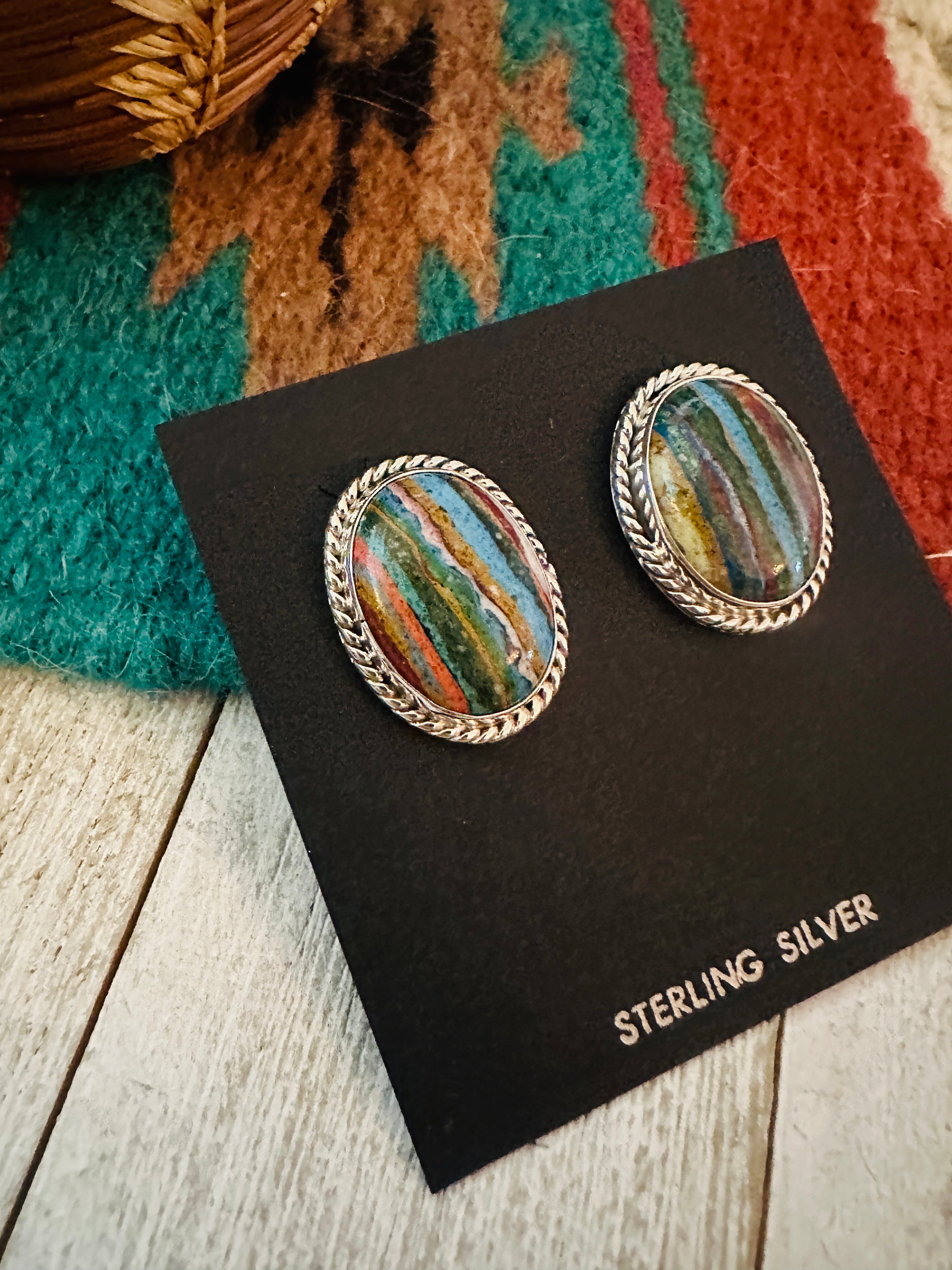 Navajo Rainbow Calsilica & Sterling Silver Oval Post Earrings