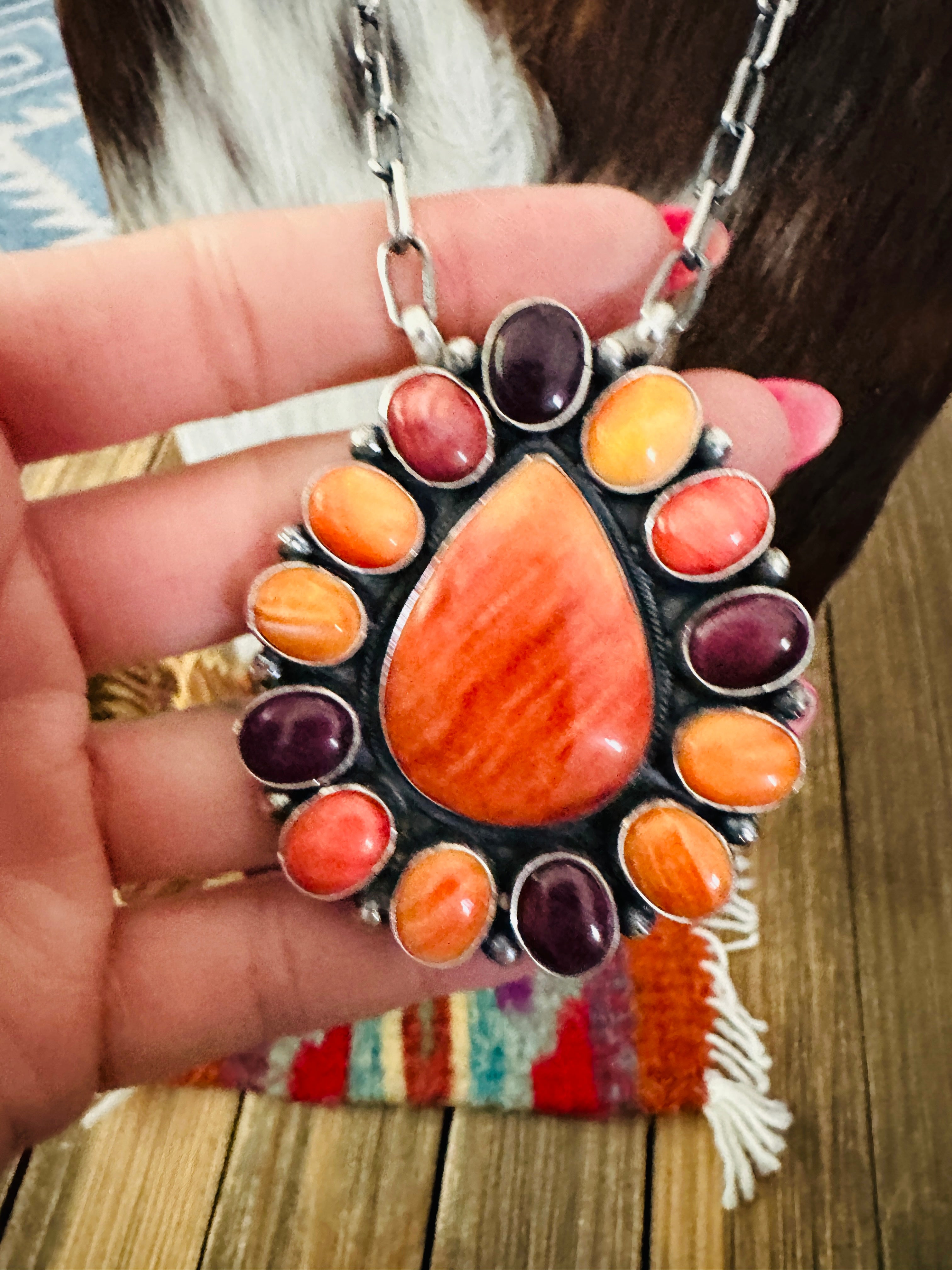 Handcrafted Multicolor Spiny Oyster & Sterling Silver Cluster Necklace by Sheila Becenti