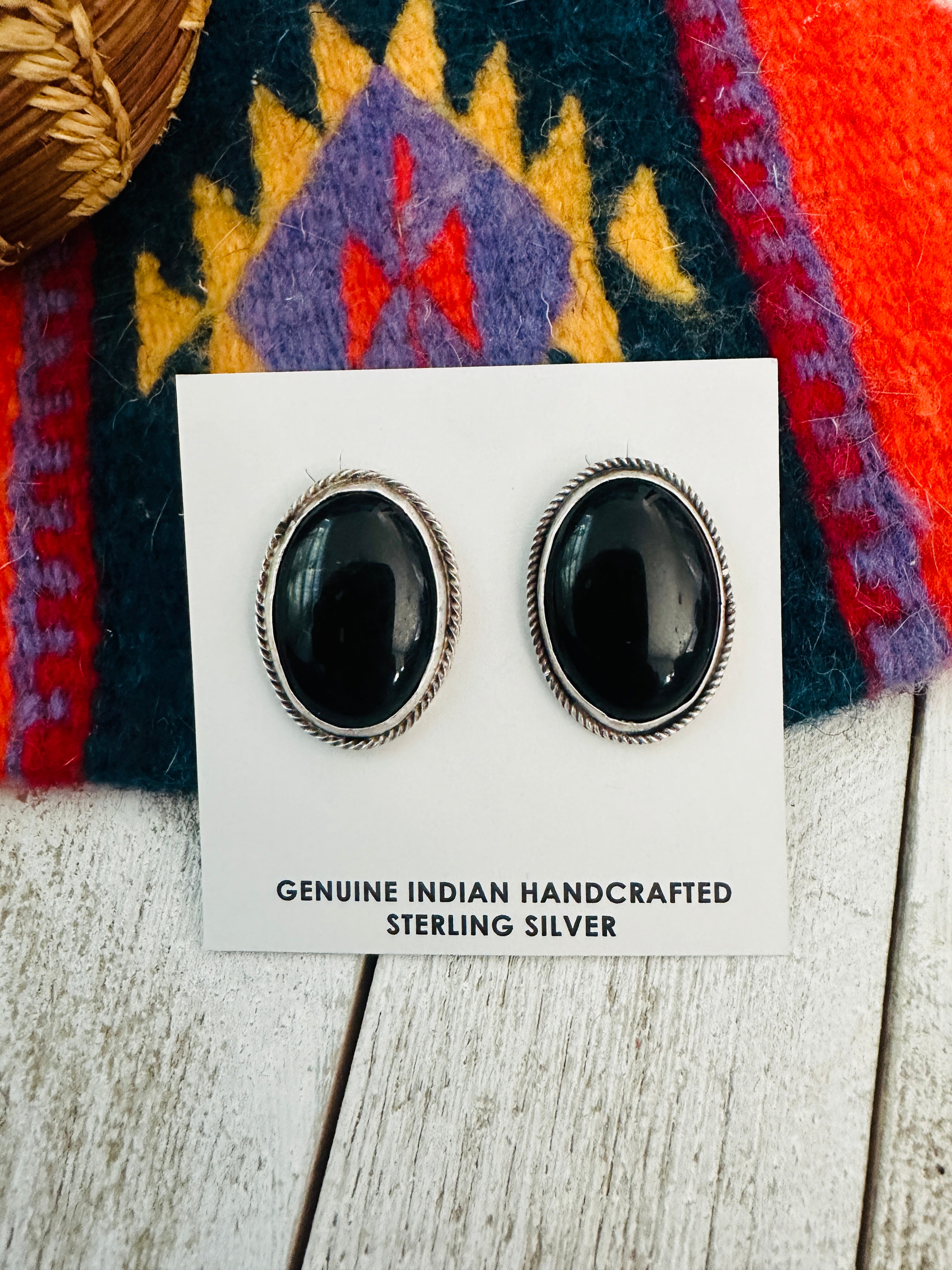 Navajo Onyx & Sterling Silver Post Earrings