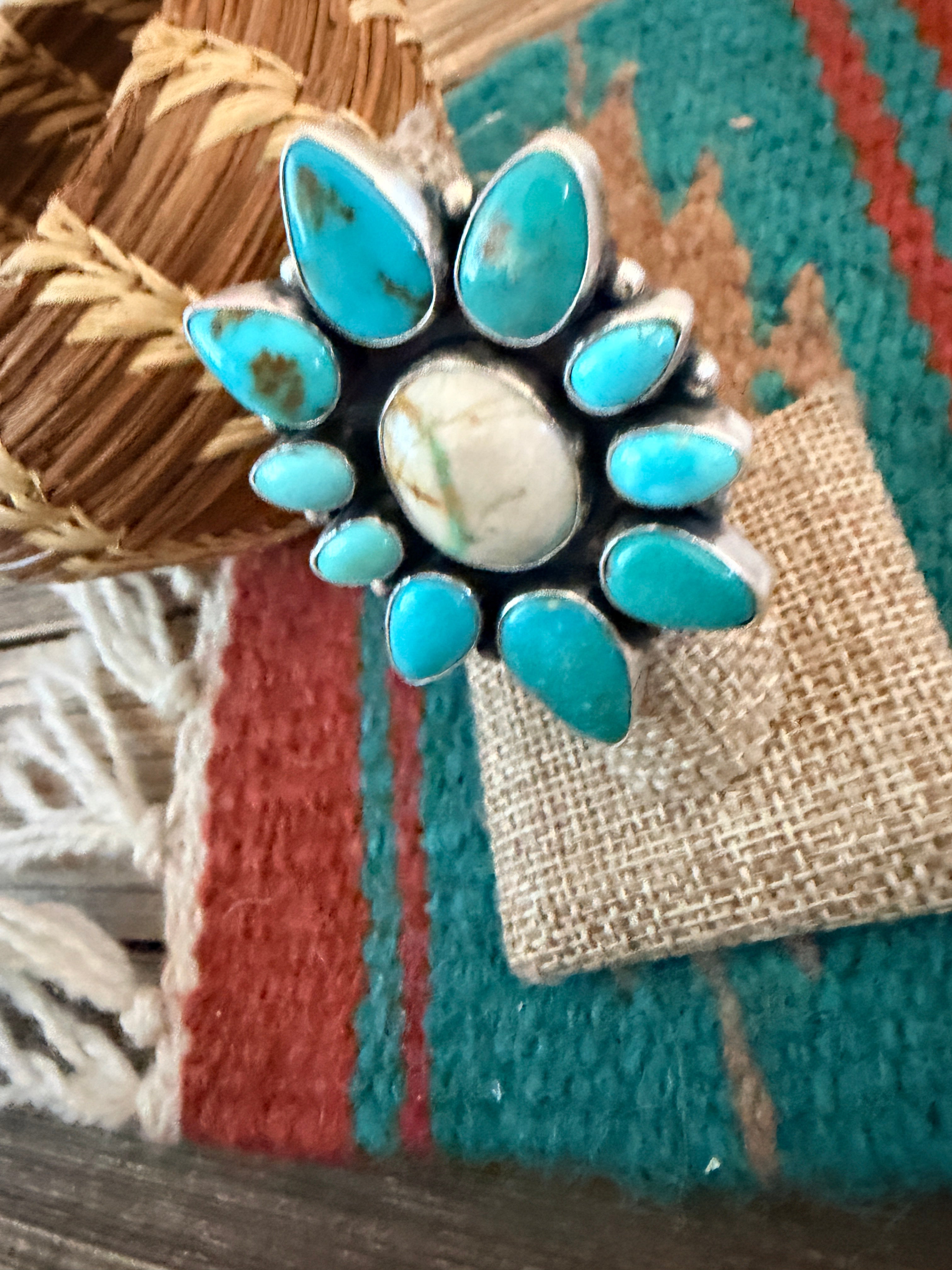 Handcrafted Multi Turquoise & Sterling Silver Ring Size 6 by Ella Peter