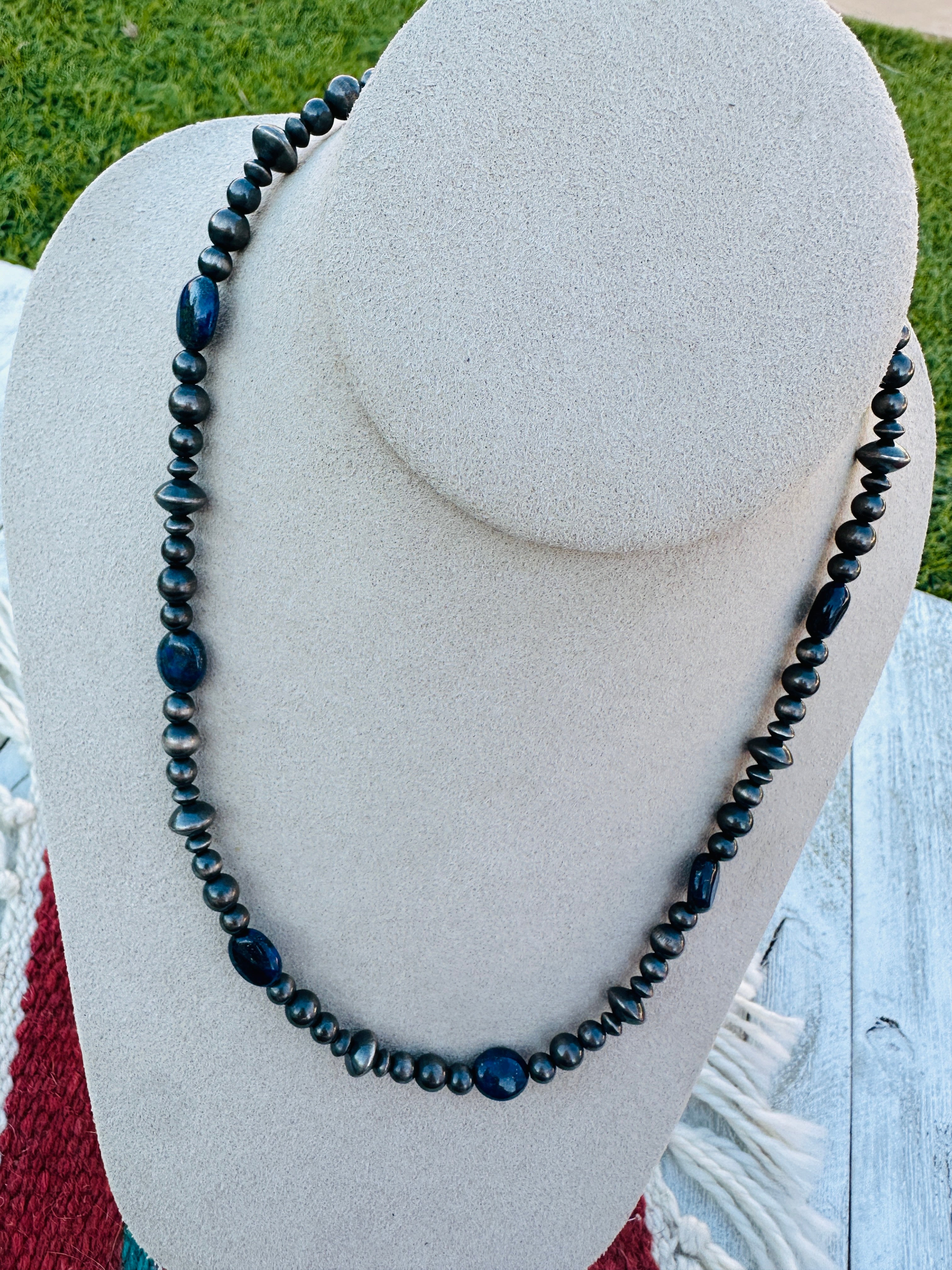 Handcrafted Sterling Silver Pearl & Lapis 18” Beaded Necklace