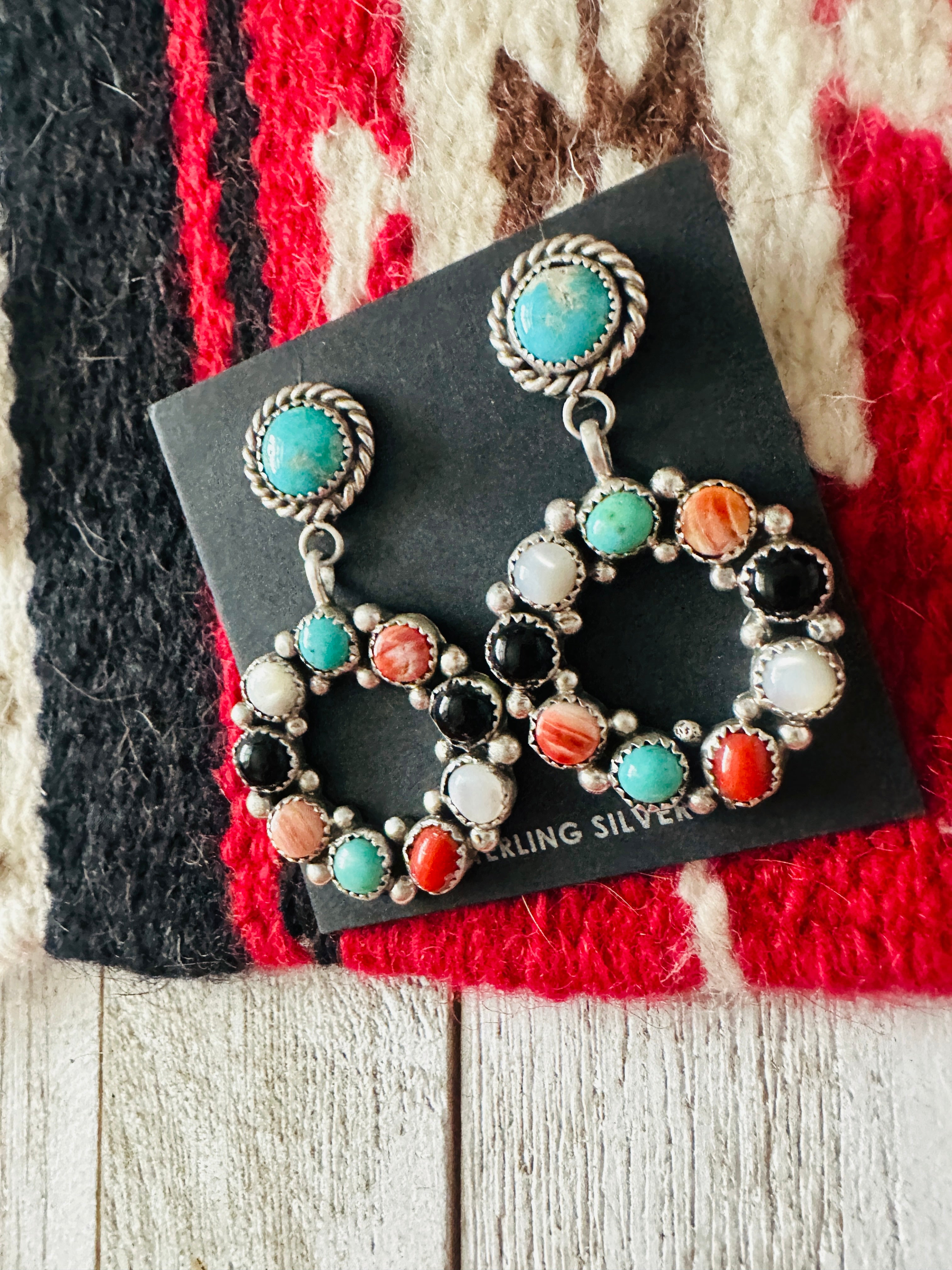 Navajo Sterling Silver & Multi Stone Dangle Earrings