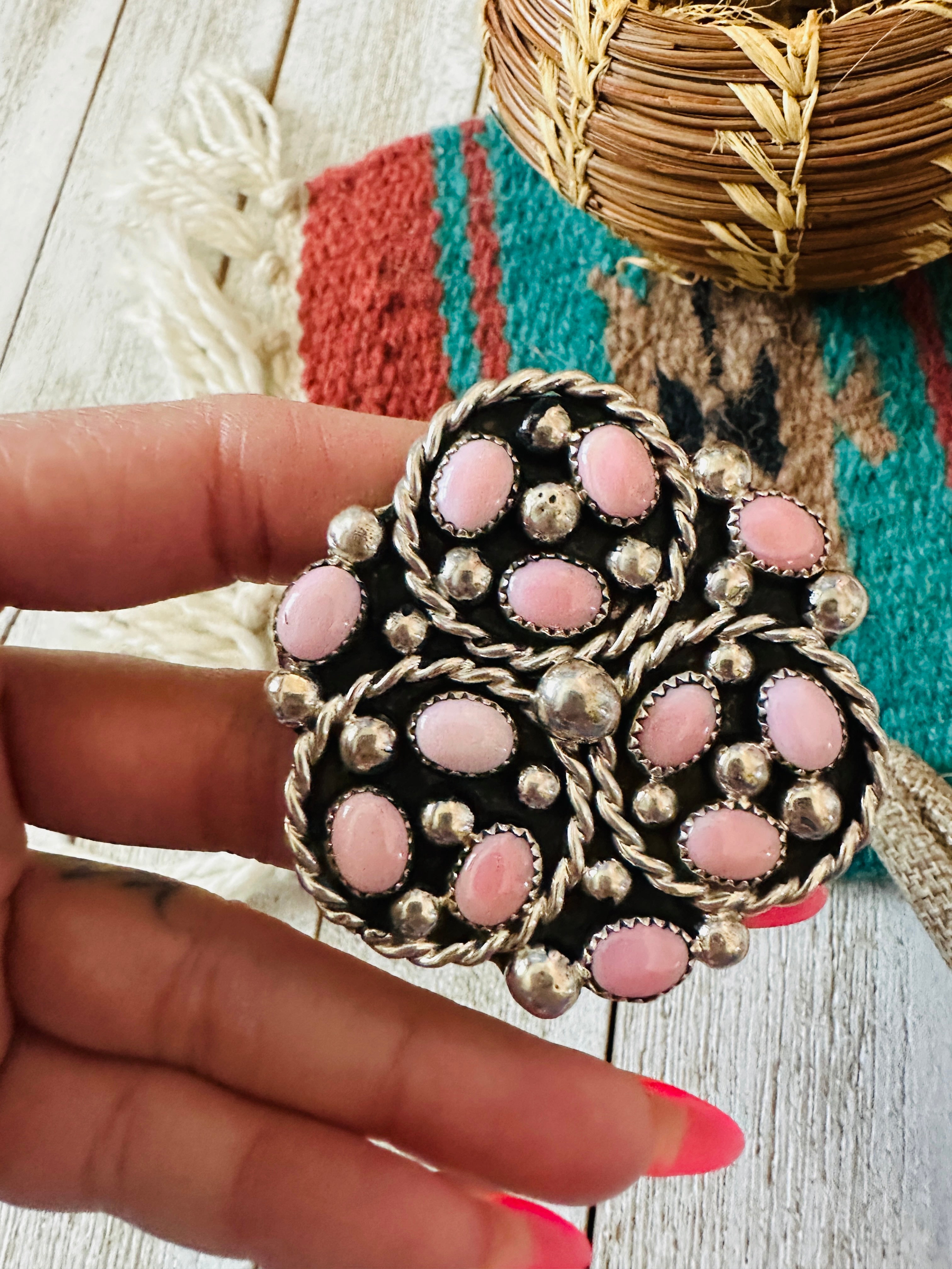 Handcrafted Sterling Silver & Queen Pink Conch Cluster Adjustable Ring