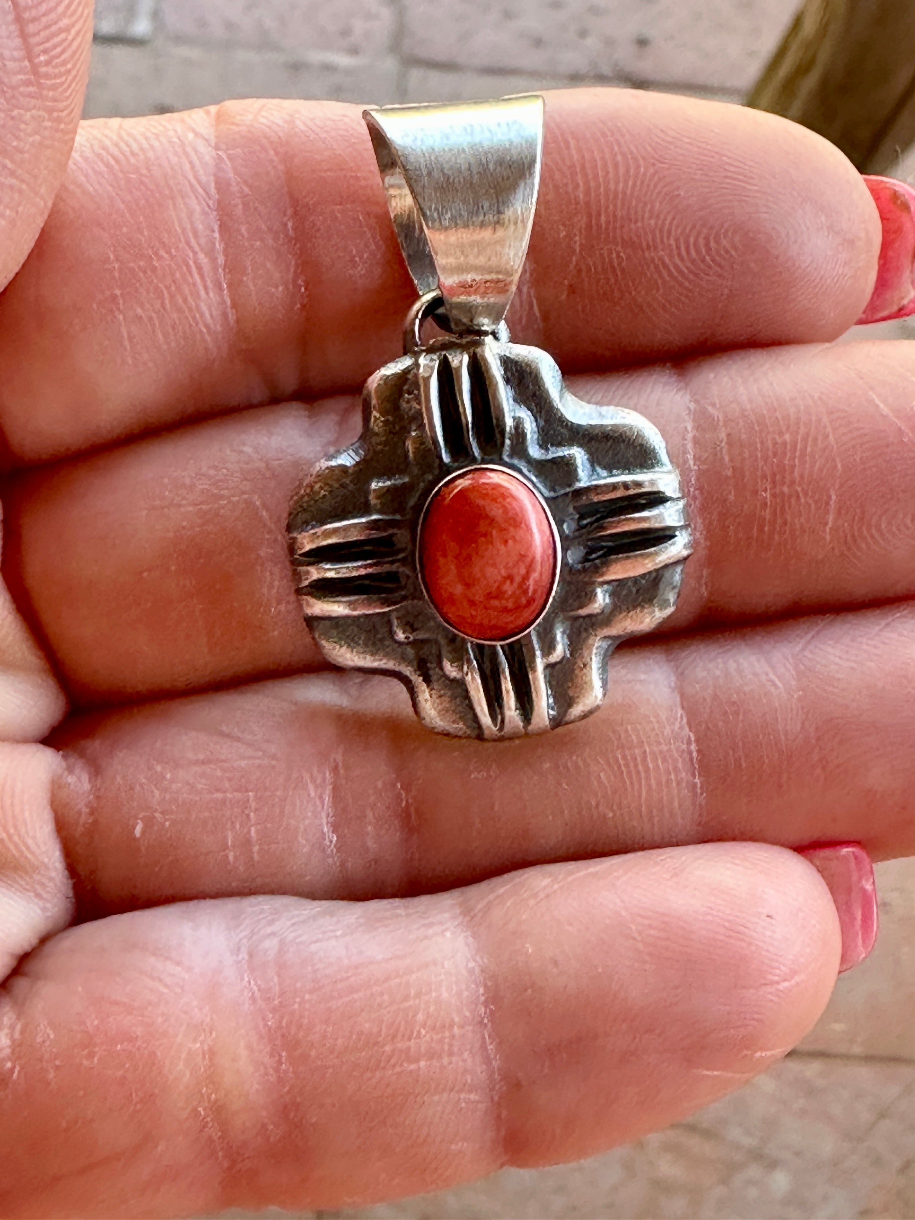 Navajo Sterling Silver Orange Spiny Zia Pendant By Chimney Butte