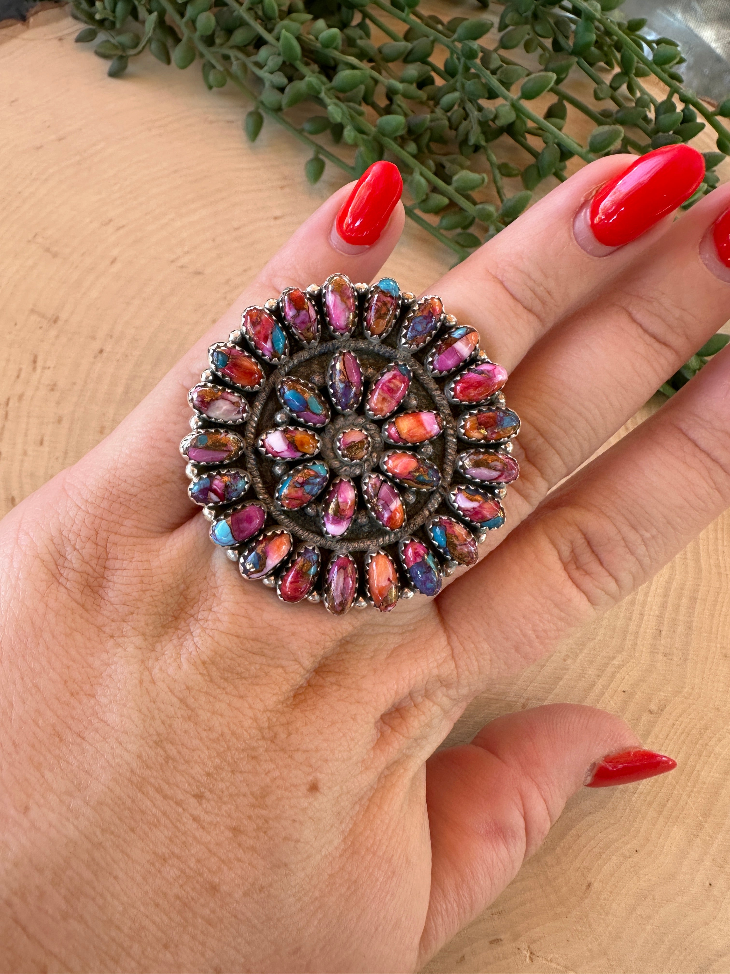 Handmade Pink Dream Mojave And Sterling Silver Adjustable Cluster Ring