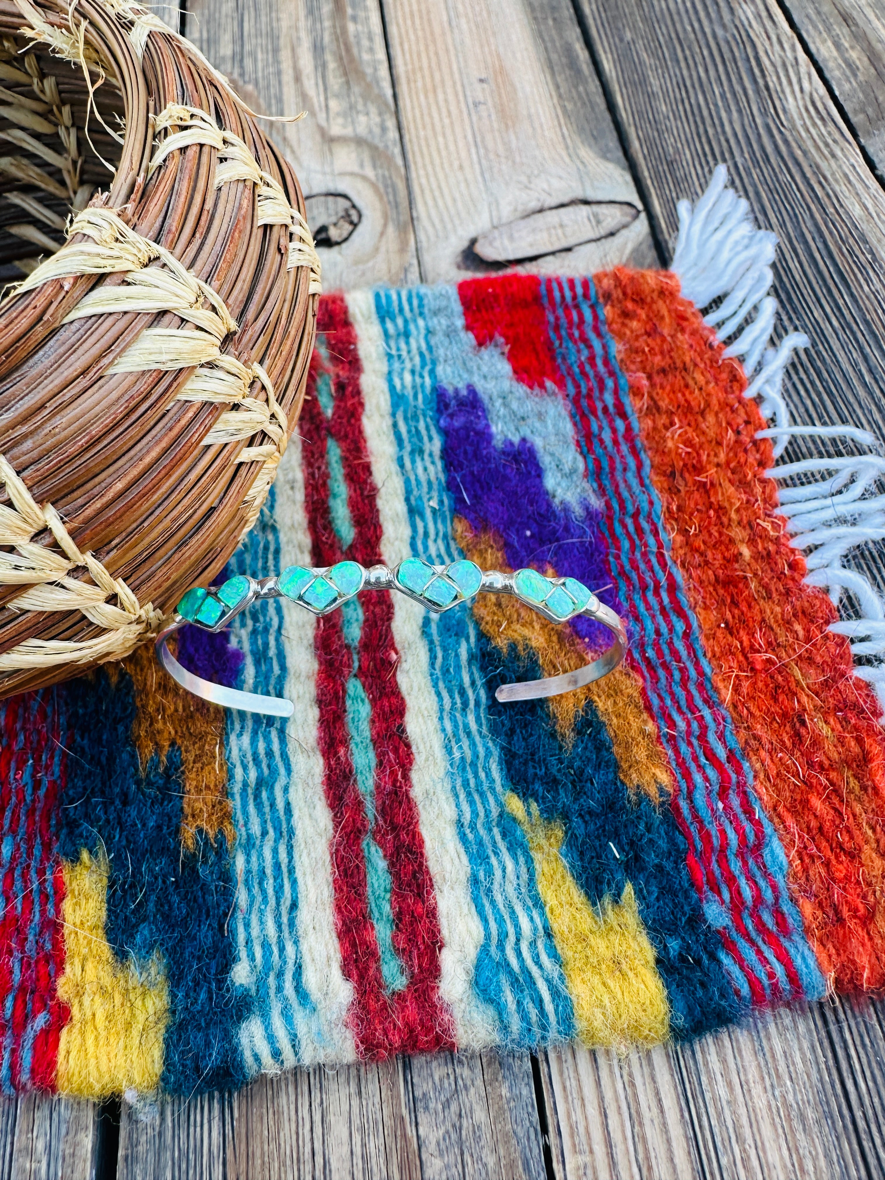 Handcrafted Sterling Silver & Green Opal Heart Inlay Cuff Bracelet