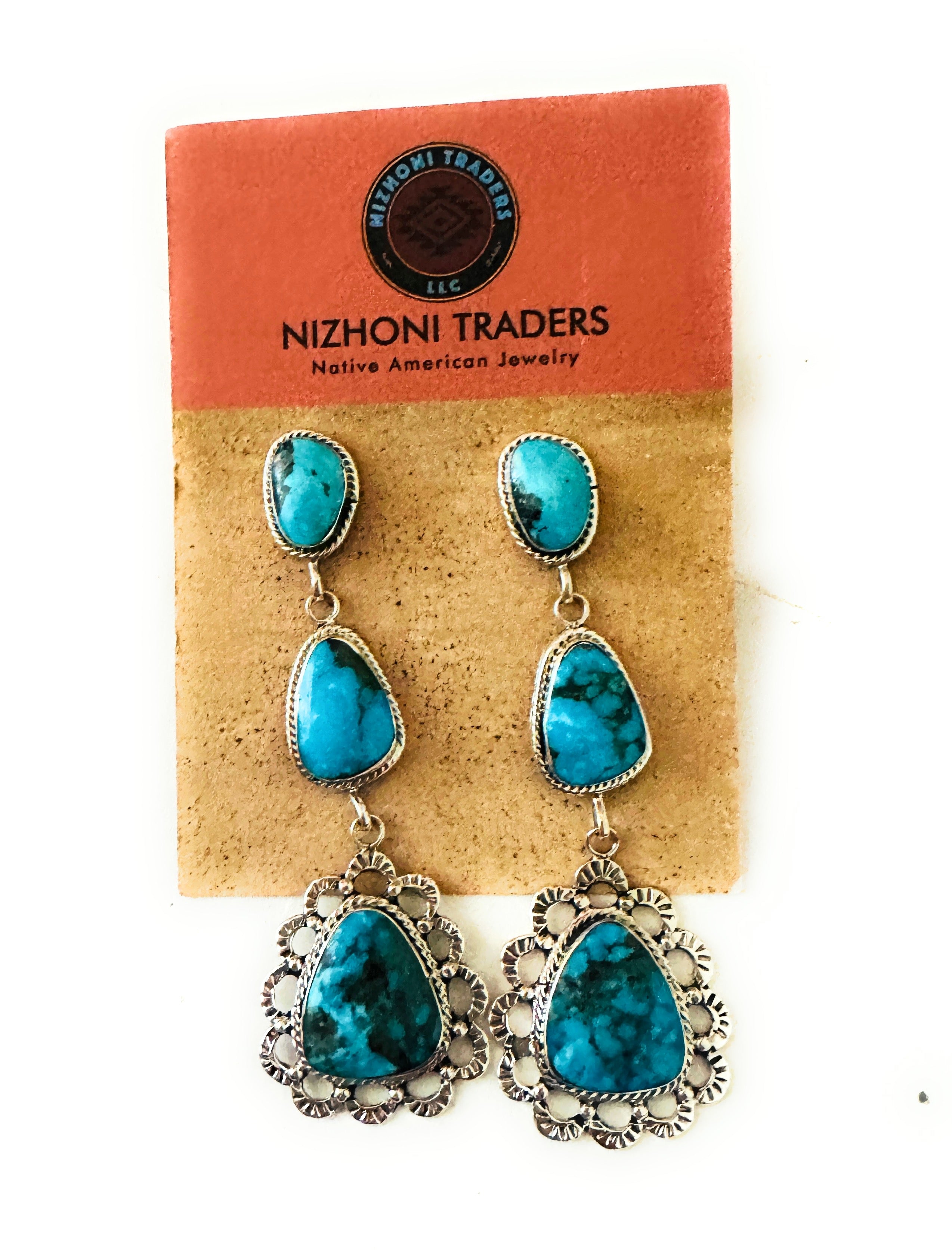 Navajo Kingman Web Turquoise and Sterling Silver Dangle Earrings