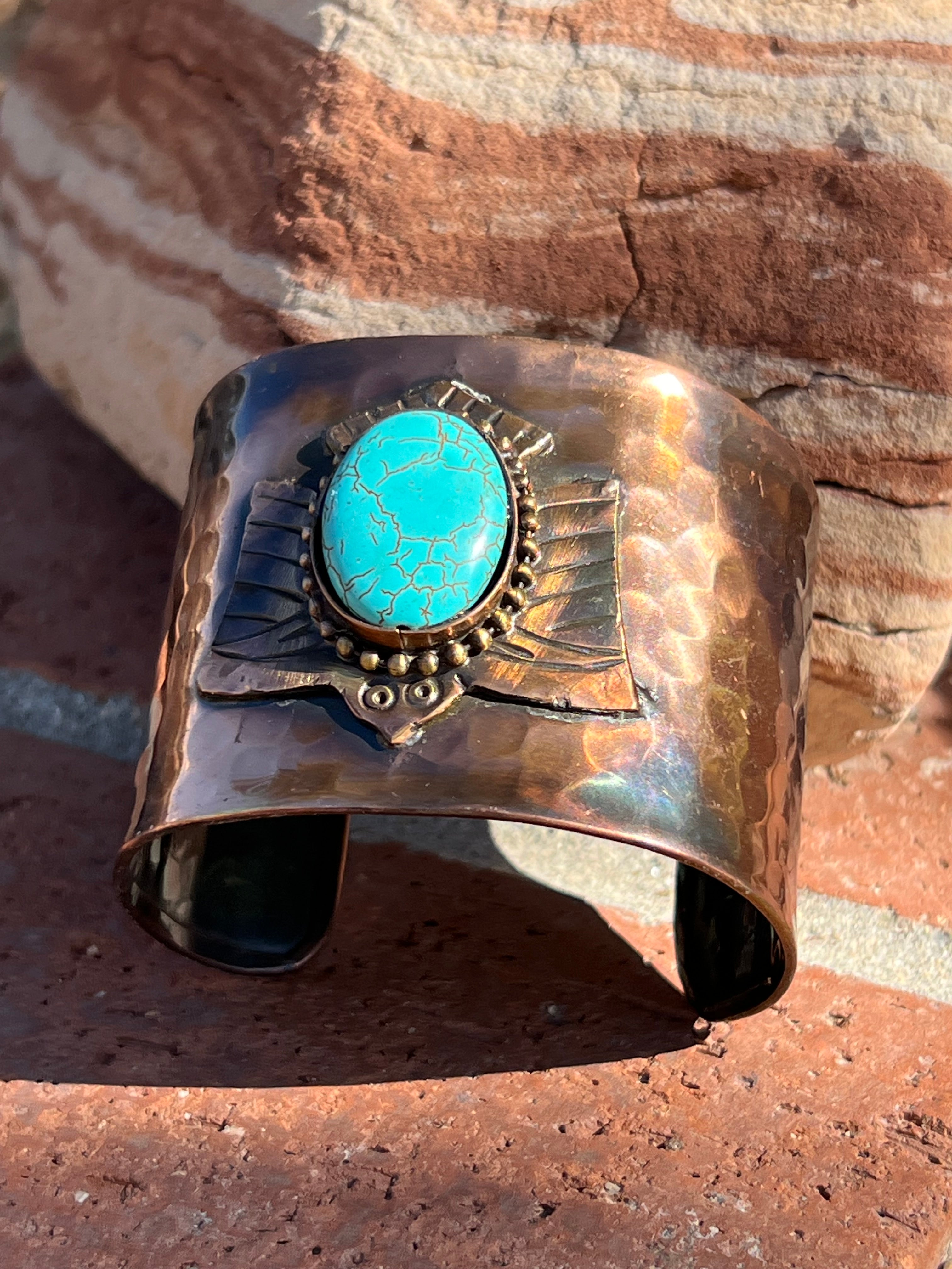 Engraved Copper Cuff Bracelet with Blue Oval Stone