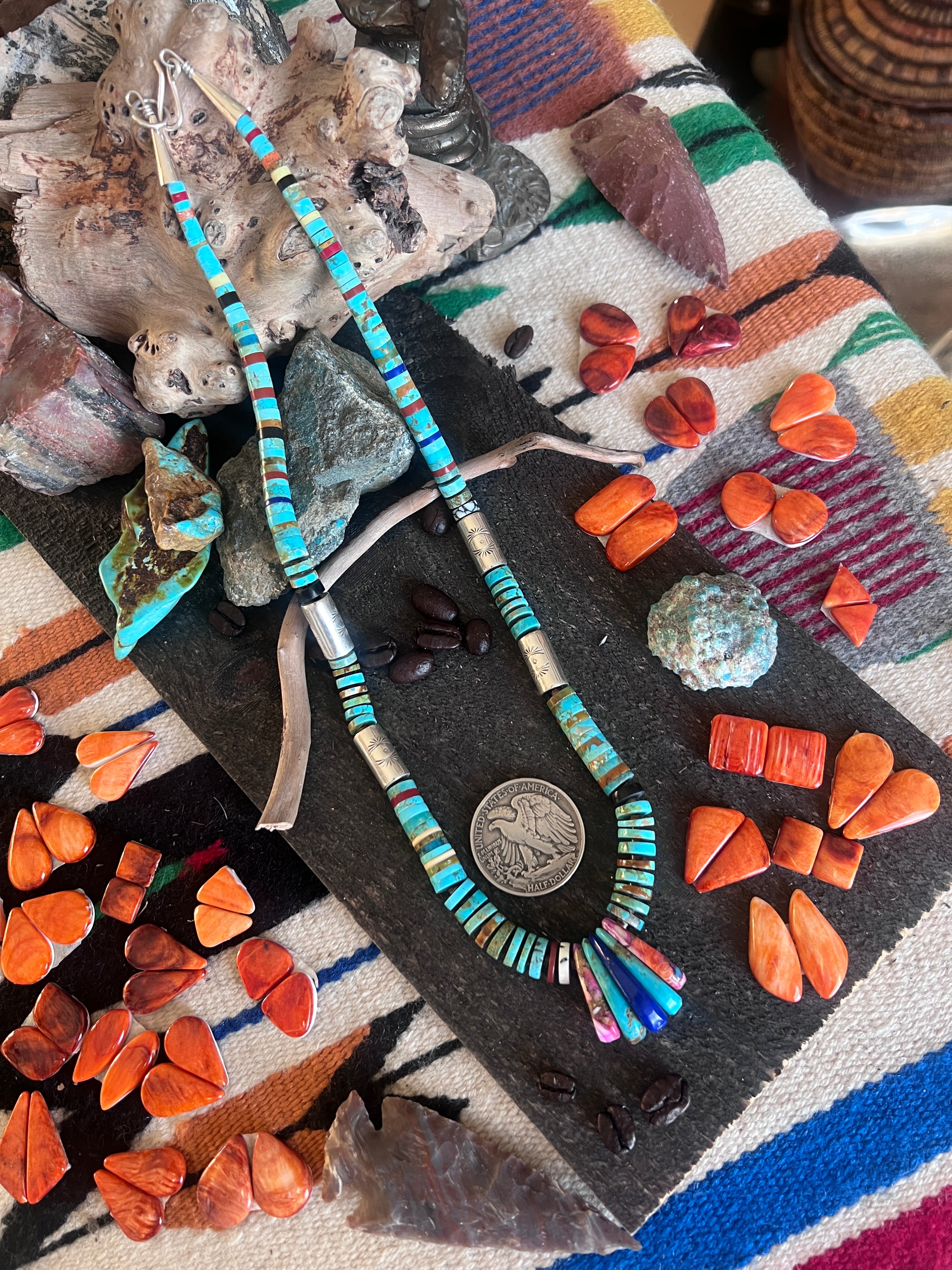 Ronald Chavez Handcrafted Sterling Silver & Multistone Heishi Beaded Necklace with Tabs, 22 inches