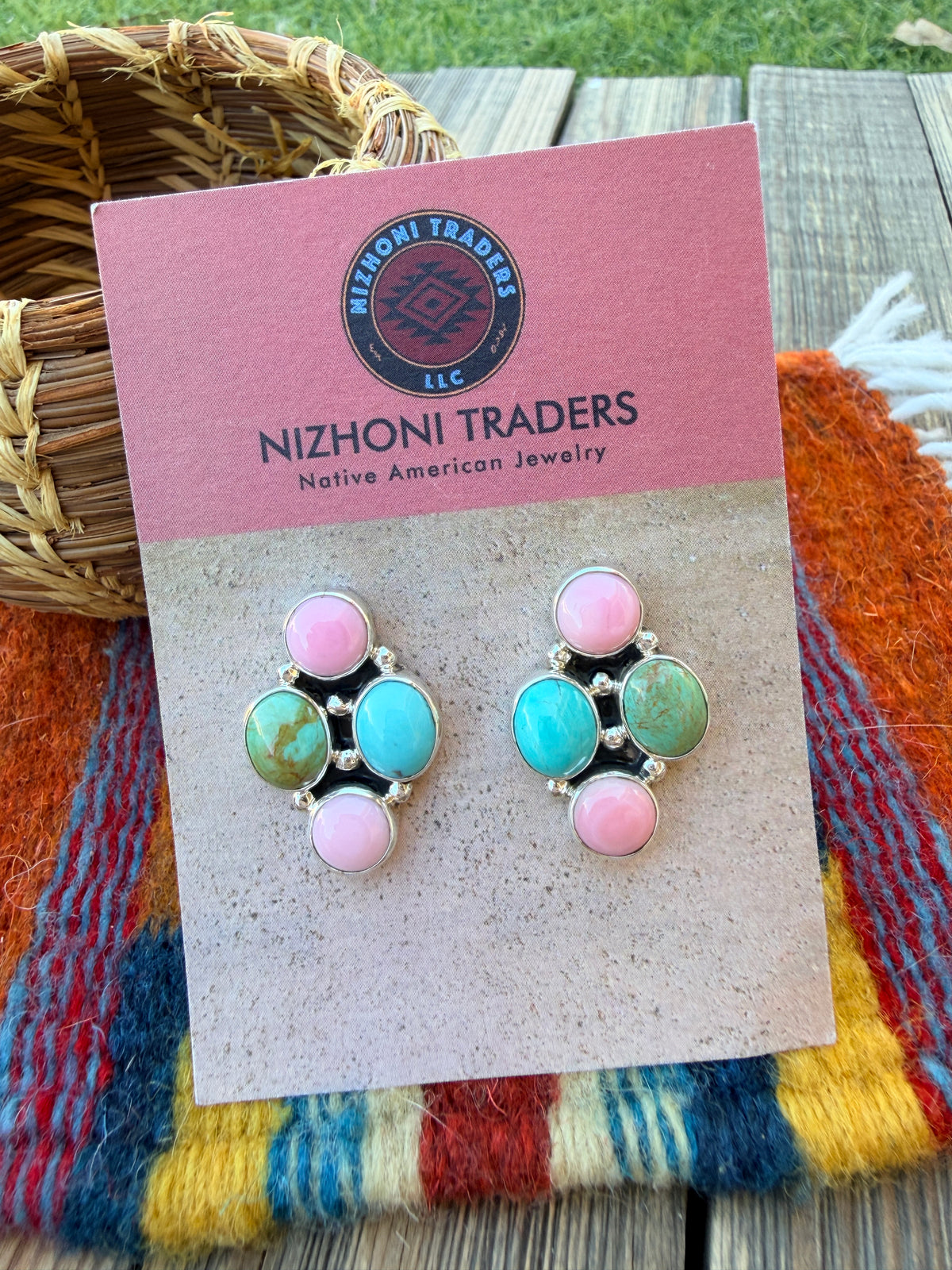 Handcrafted Sterling Silver, Turquoise & Queen Pink Conch Cluster Post Earrings