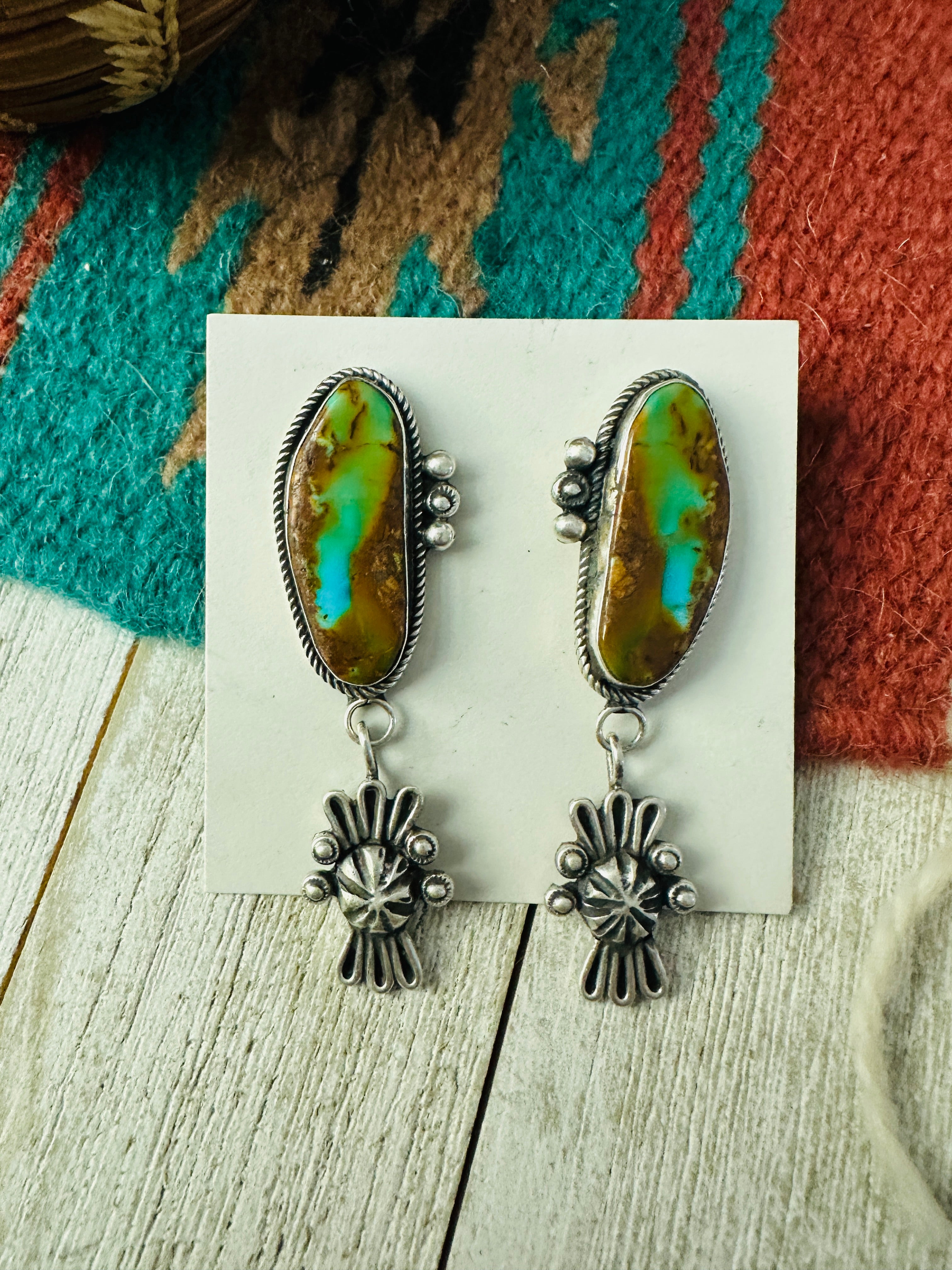 Heavy Navajo Natural Royston Turquoise sterling silver dangle online earrings