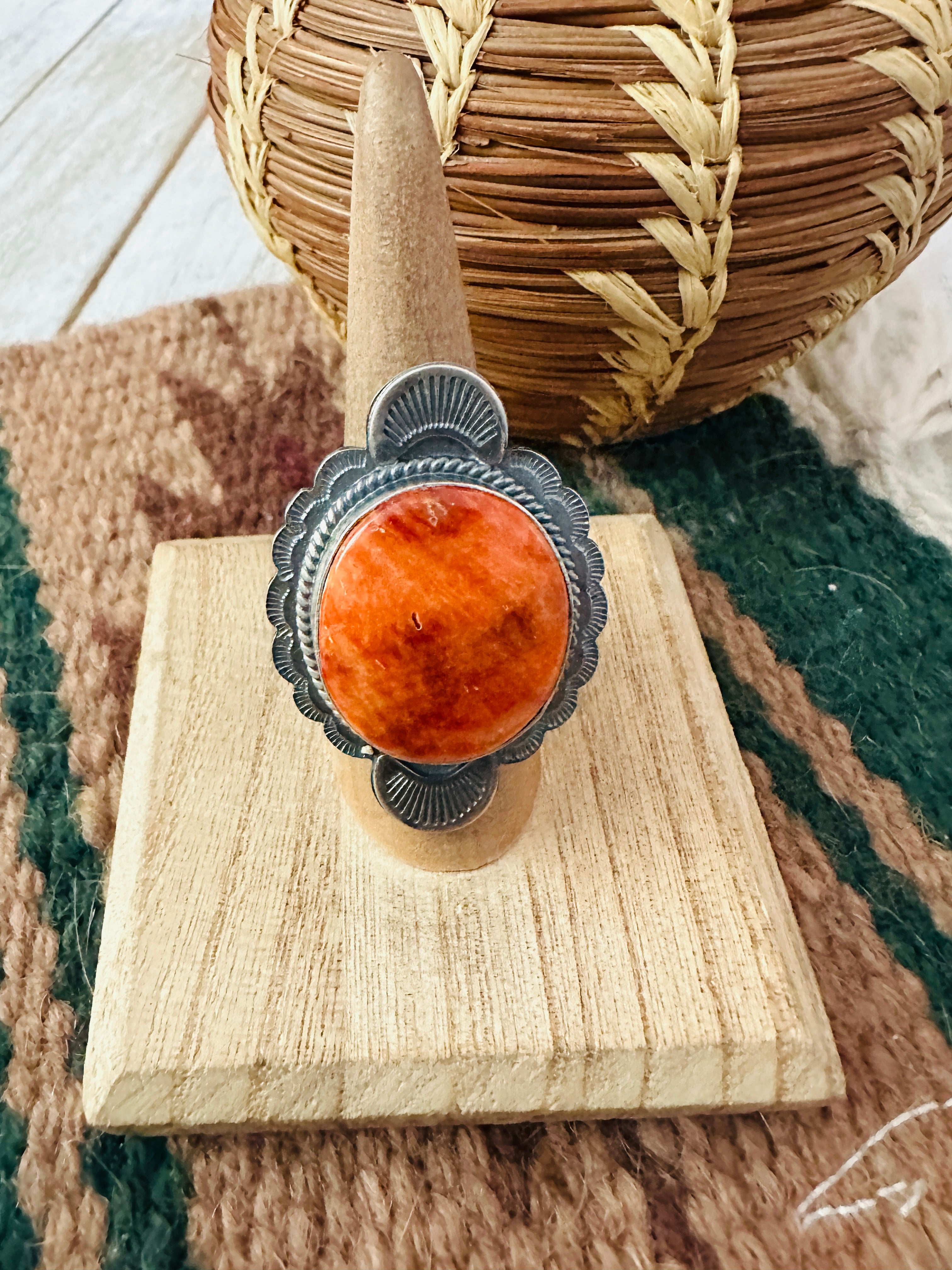 Navajo Orange Spiny & Sterling Silver Ring Size 8