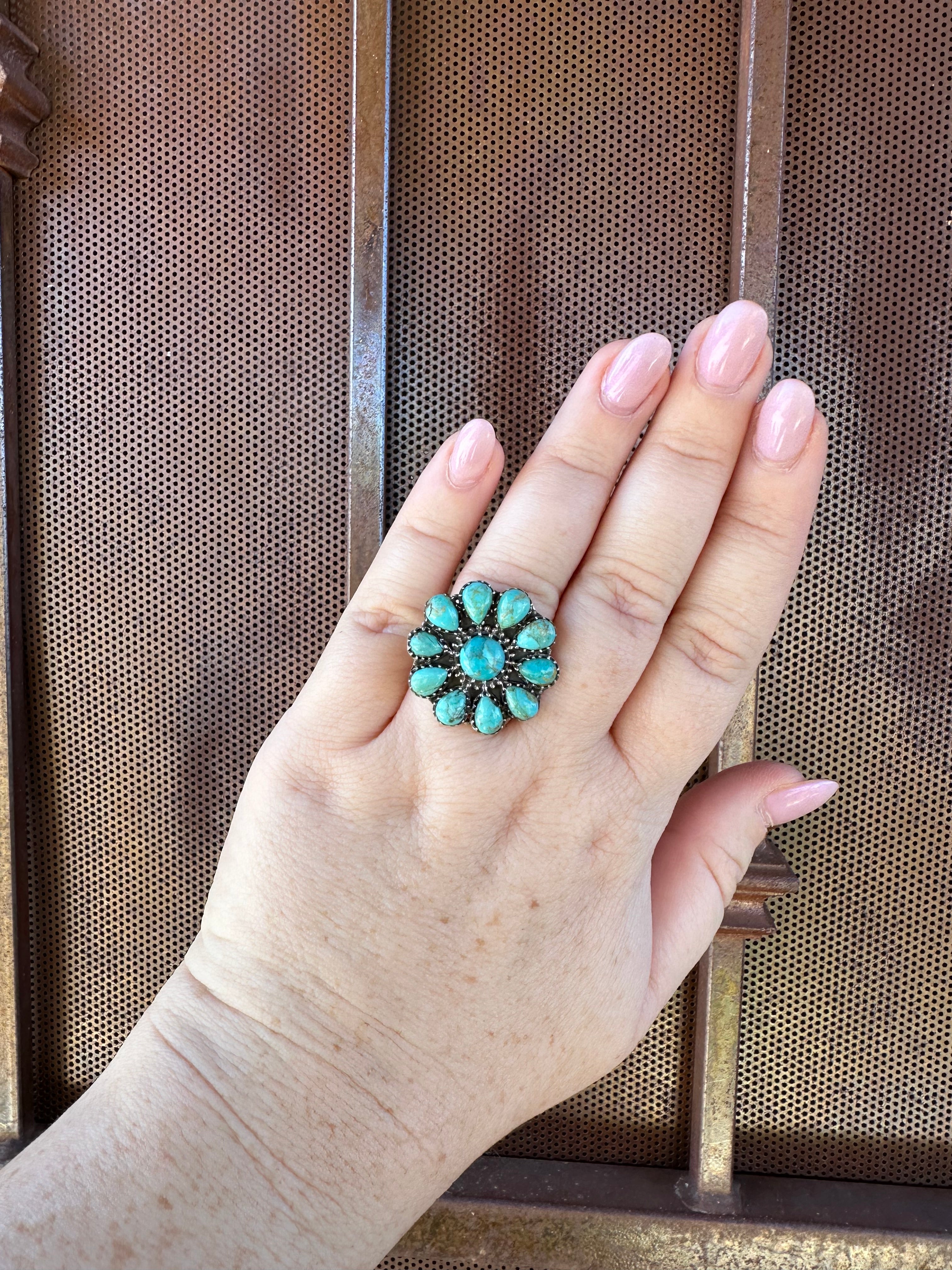 Turquoise Petals Handmade Adjustable Turquoise Sterling Silver Flower Ring