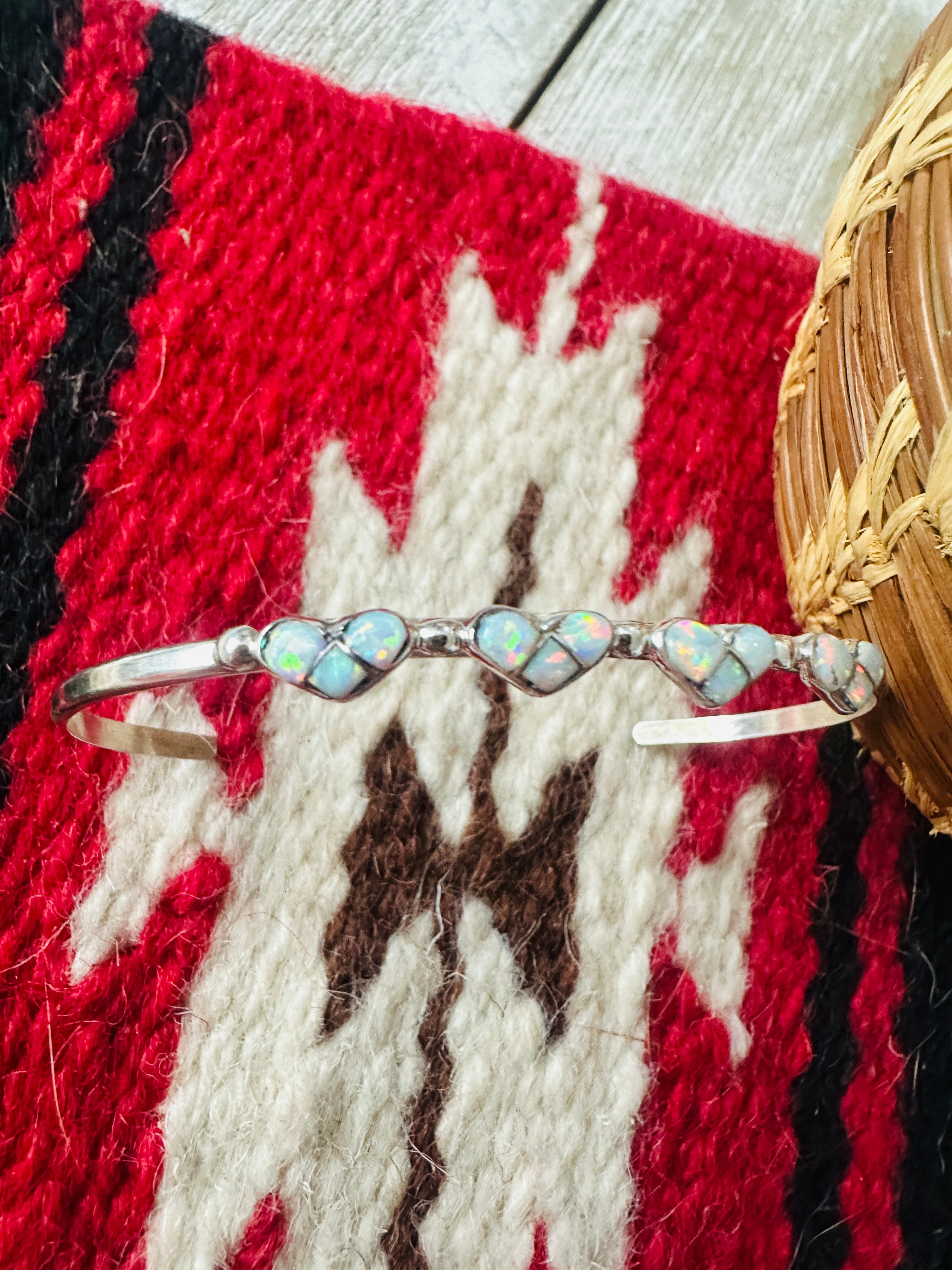 Zuni Sterling Silver & White Opal Heart Inlay Cuff Bracelet