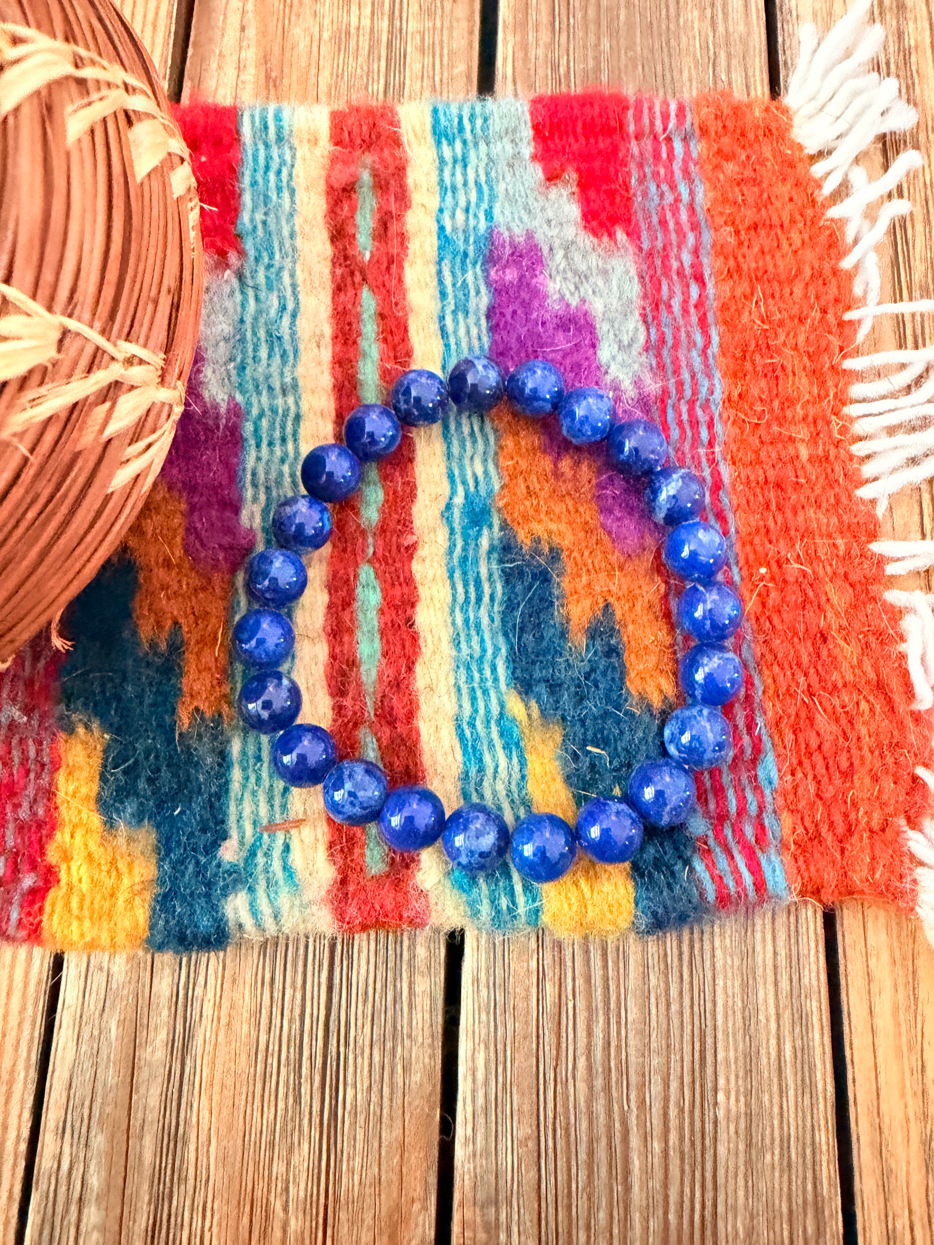 Handcrafted Lapis & Sterling Silver Beaded Stretch Bracelet