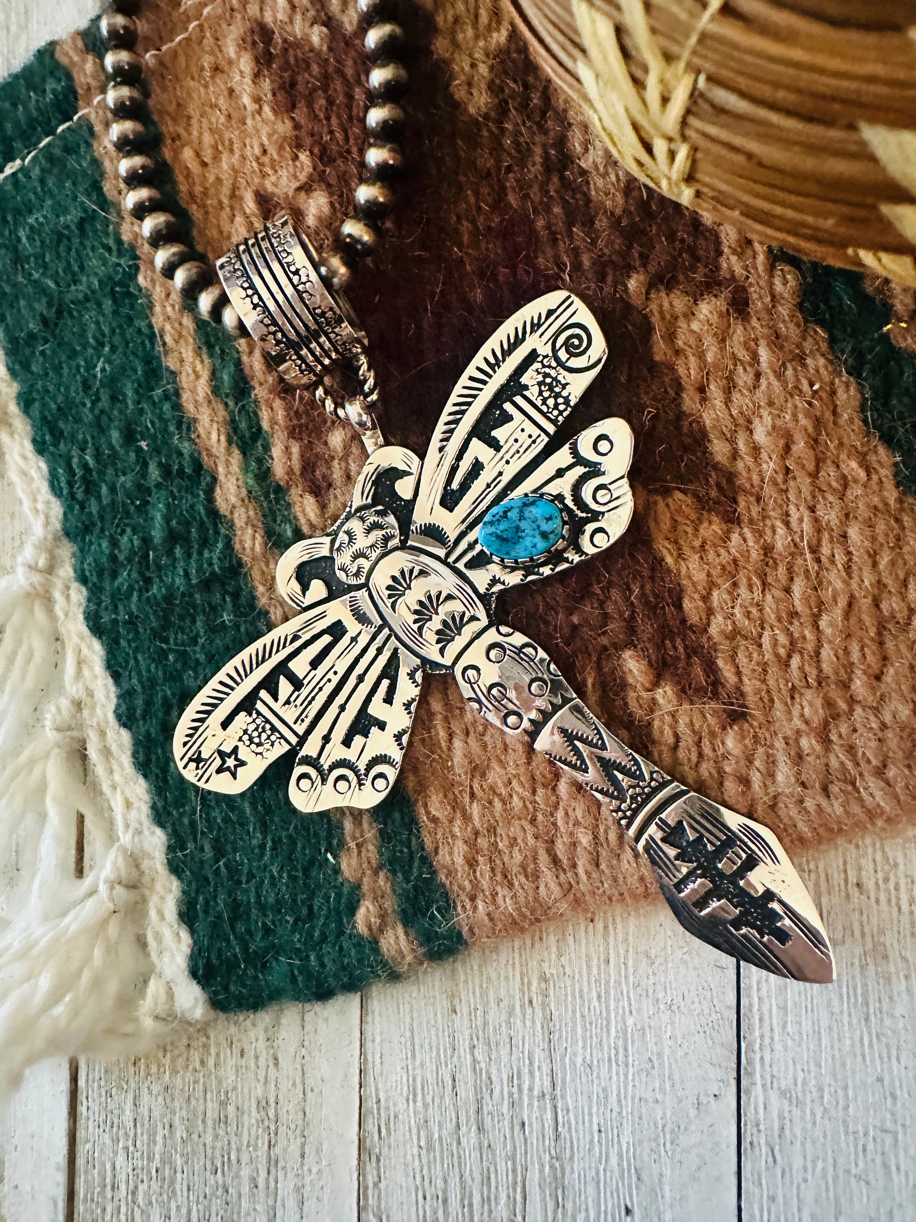 Navajo Turquoise & Sterling Silver Dragonfly Pendant Signed Richard Singer