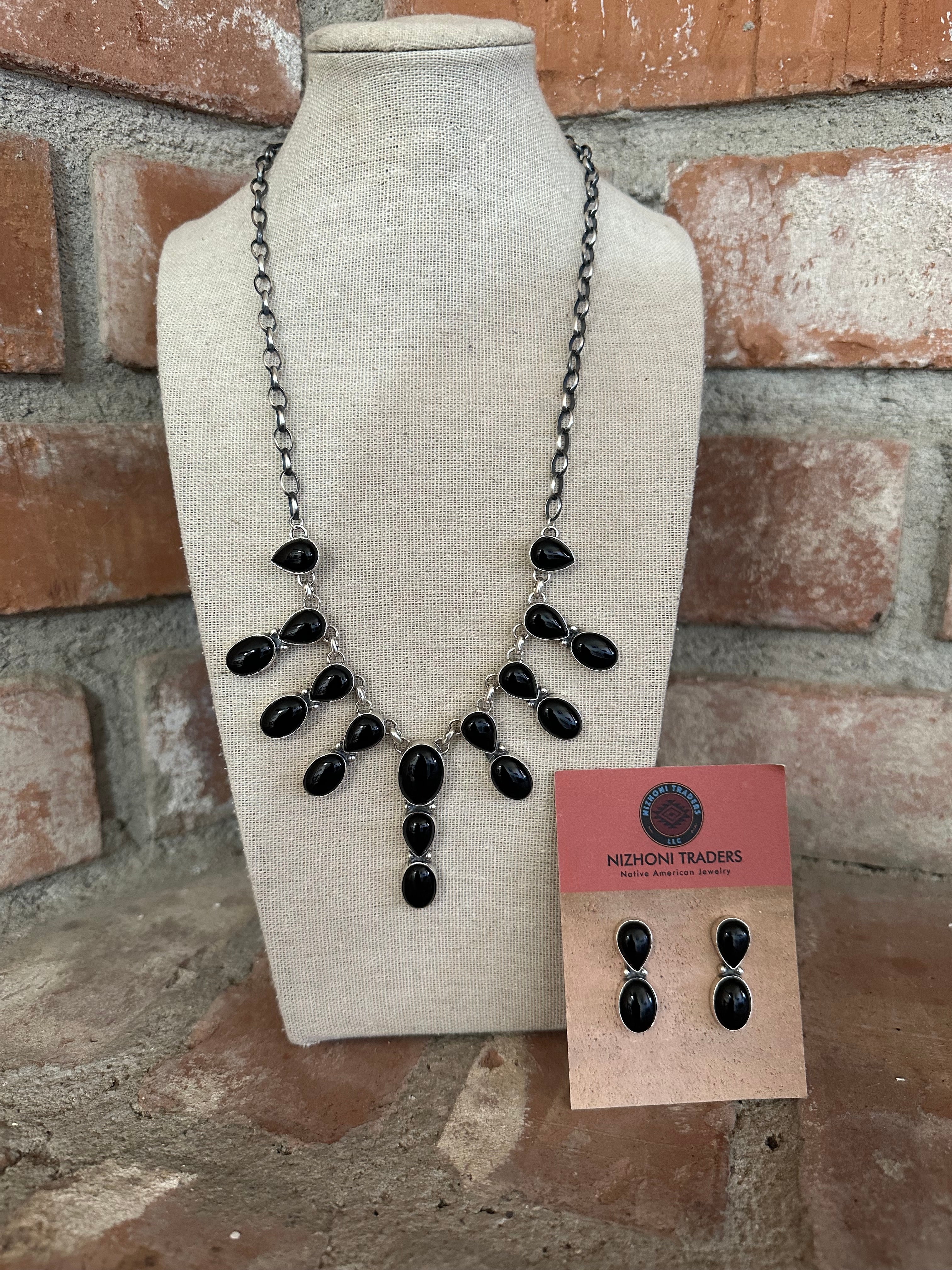 Navajo Sterling Silver & Black Onyx Necklace & Earring Set Signed