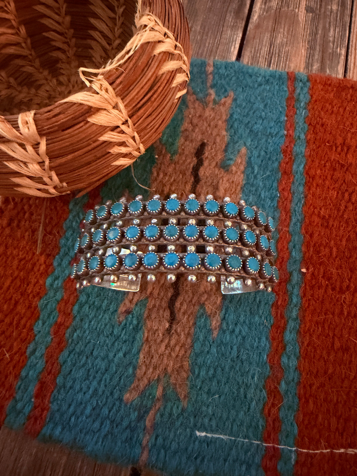 Handcrafted Old Pawn Sterling Silver & Turquoise Petit Point Cuff Bracelet