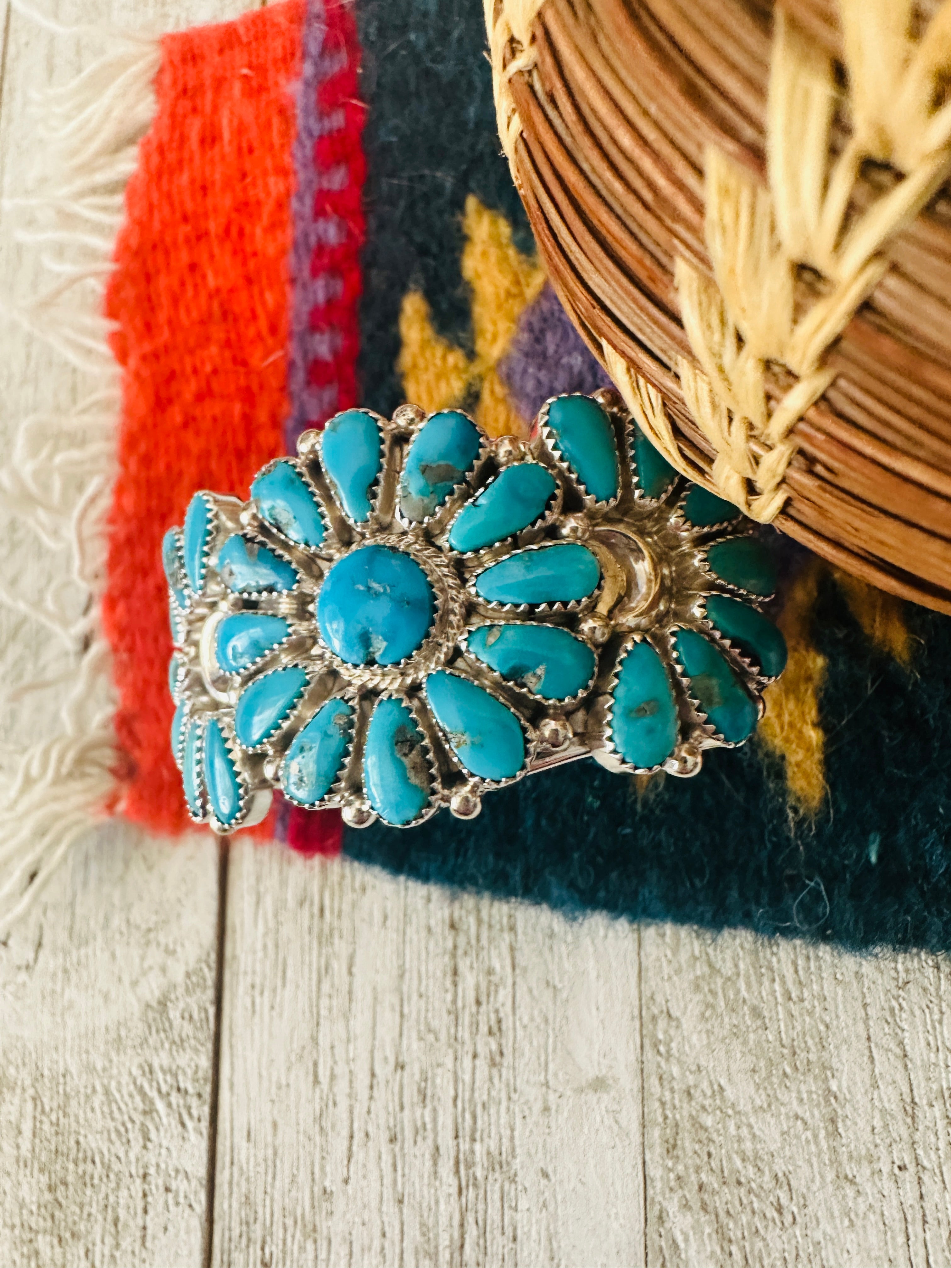 Navajo Kingman Turquoise & Sterling Silver Cluster Cuff Bracelet